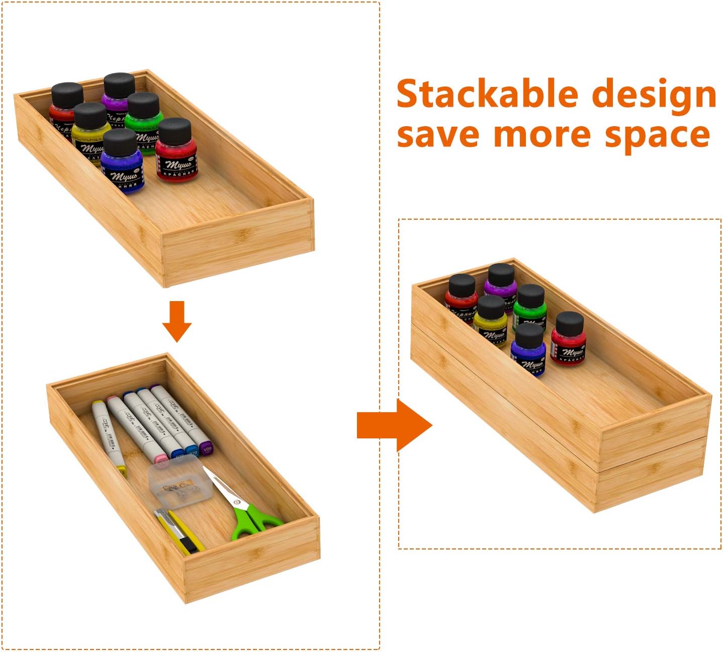 Drawer Organizer Storage Box Kitchen - Wood Stackable Tray Utensil Organizer for Office Drawers,Cabinets,Shelves,Pantry,or Bathroom Counter,Drawer Dividers for Silverware Set of 2(15x6x2.5inch)