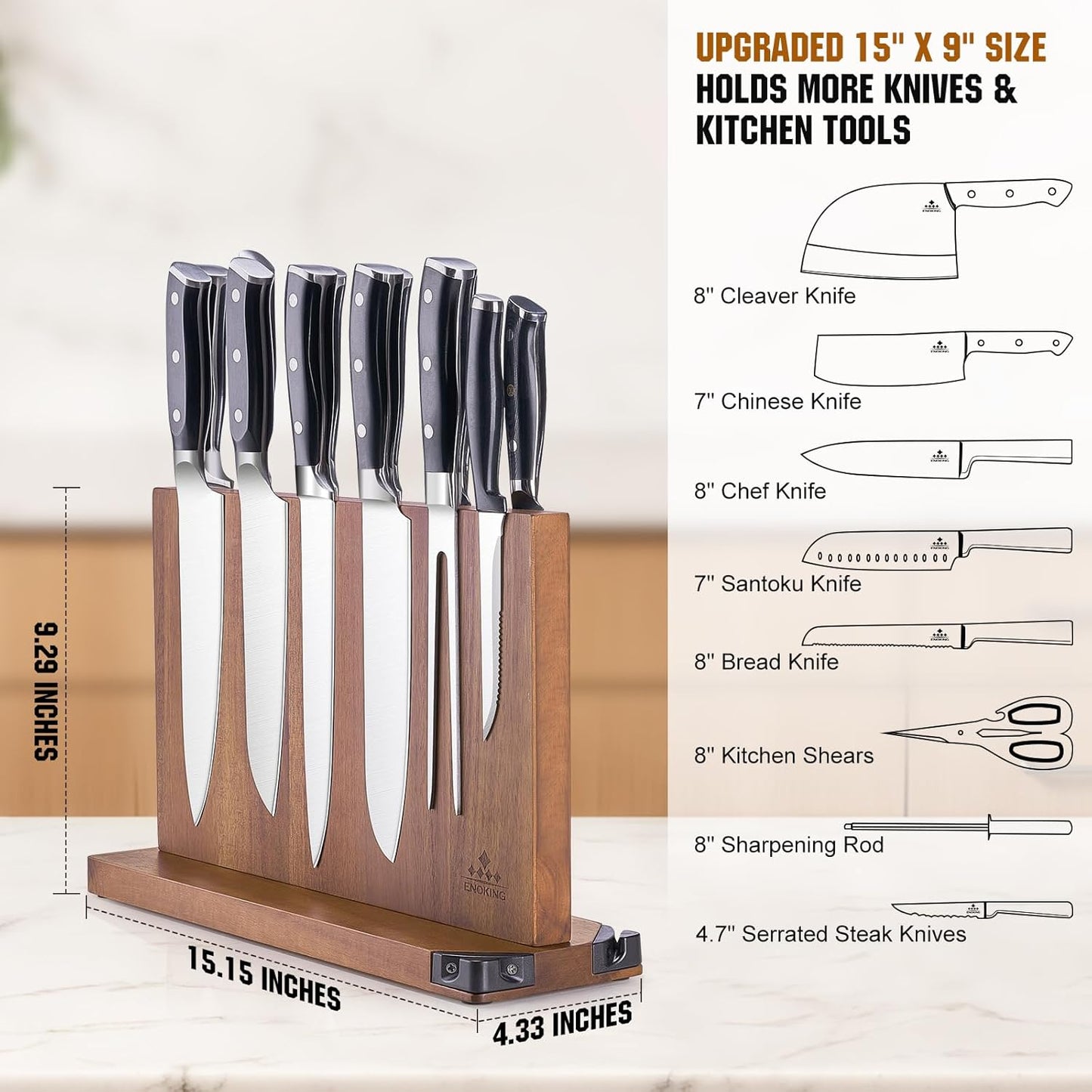 ENOKING 15.2" Extra Large Magnetic Knife Block with Dual Sharpeners, Acacia Wood Knife Holder & Display Stand with Strong Magnets