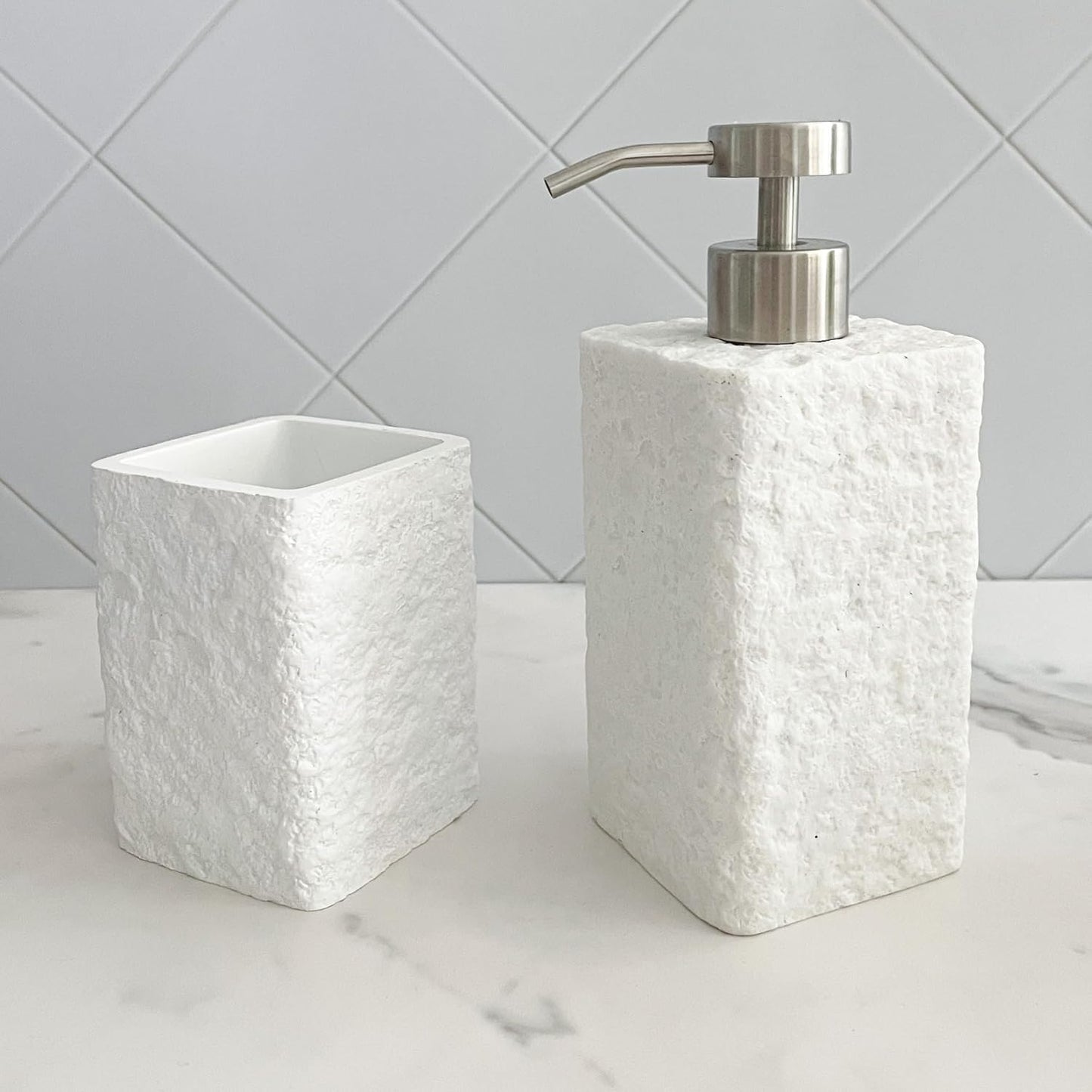 Lunestella White Textured Soap Dispenser with Stainless Steel Pump, Natural Stone Finish for Modern Farmhouse Bathroom, 12oz