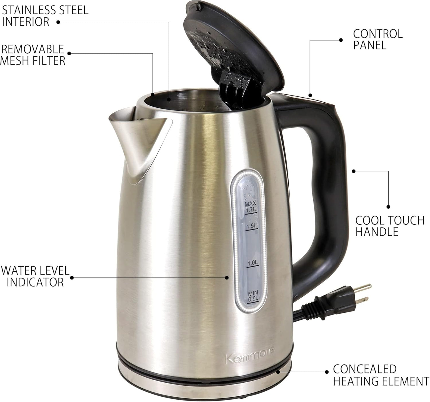 Kenmore Electric Kettle - Cordless Digital Calentador De Agua, Stainless Steel Instant Tea Pot, Preset Temperature Control, Automatic Shut-Off, Rapid Boil, Hot Water Boiling Heater, 1.7 Liter Silver