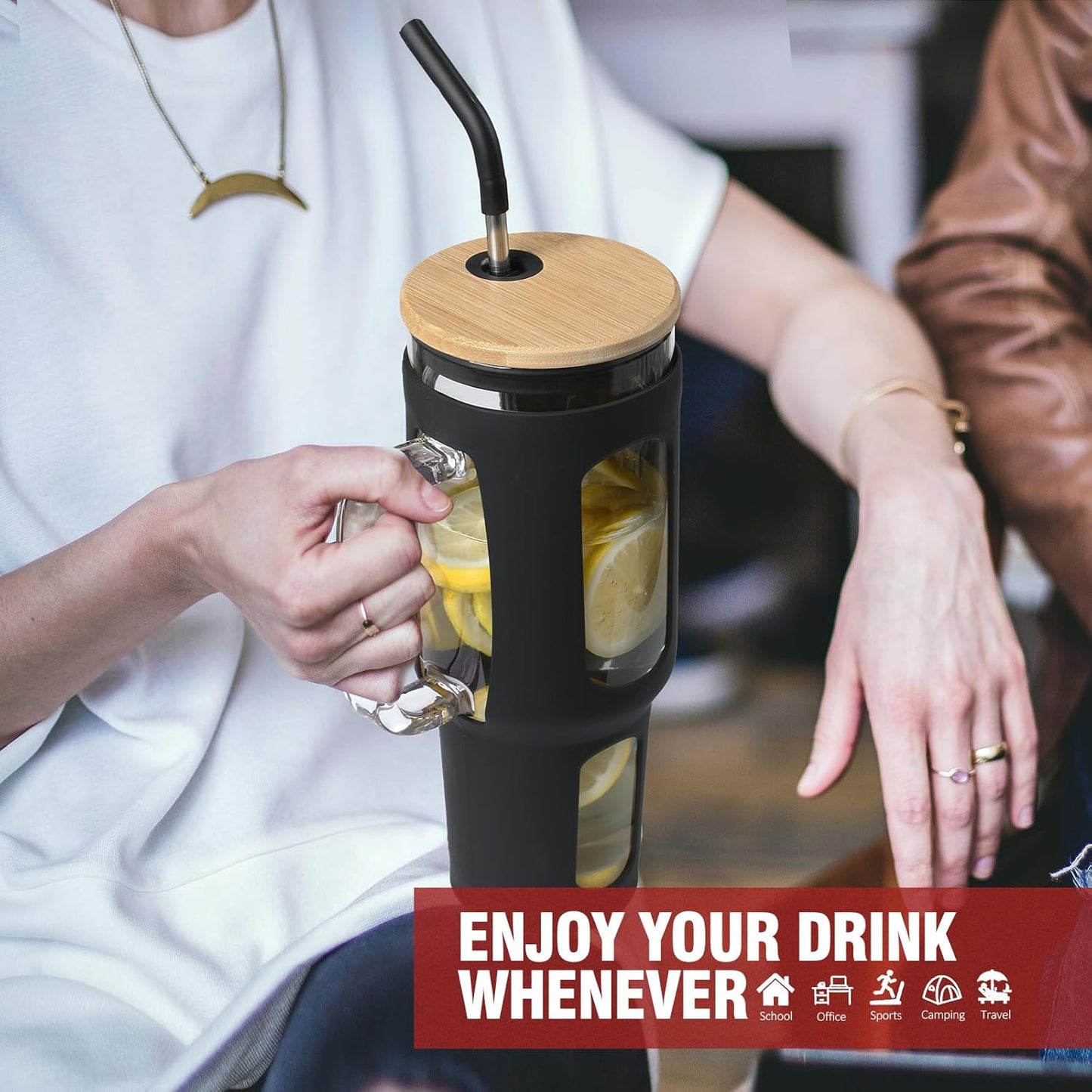 Glass Tumbler with Lid and Straw, 46 oz Iced Coffee Cup with Handle, Large Water Bottles with Silicone Sleeve, Glass Cup with Straws - Pearl Straw & Drinking Straw BPA Free-Black