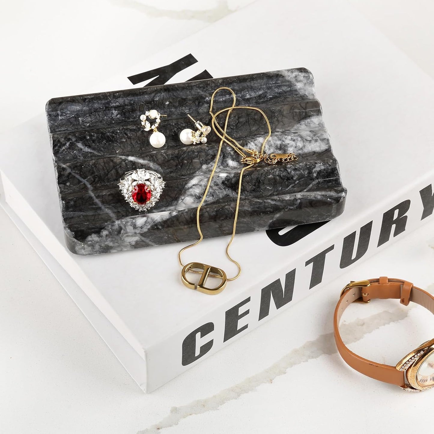 Marble Soap Dish, Bar Soap Holder Shower, Black Soaps Bathroom Saver with Water Ripple Design, Easy Cleaning Natural Stone Sponge Holder for Kitchen Sink, Executive Jewelry Ring Tray