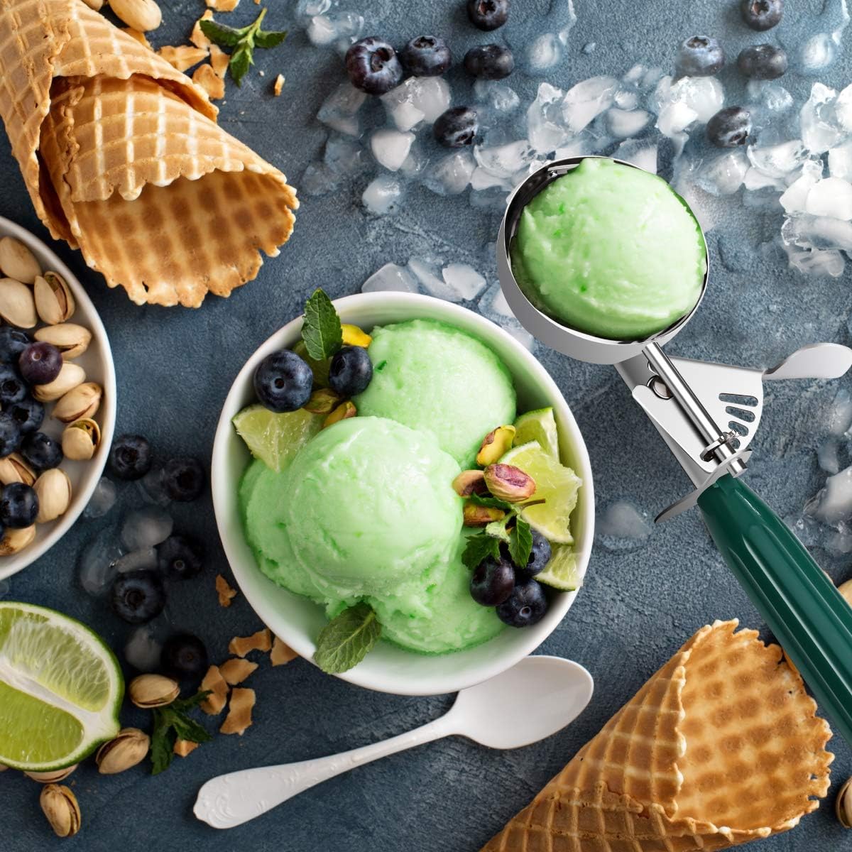 Commercial-Grade Ice Cream Scooper 2.66 oz, 18/8 Stainless Steel Cookie Scoop with Plastic Handle, Portion Control Disher Scoop for Bakeries,Restaurants & Dessert Shops, #12, Green