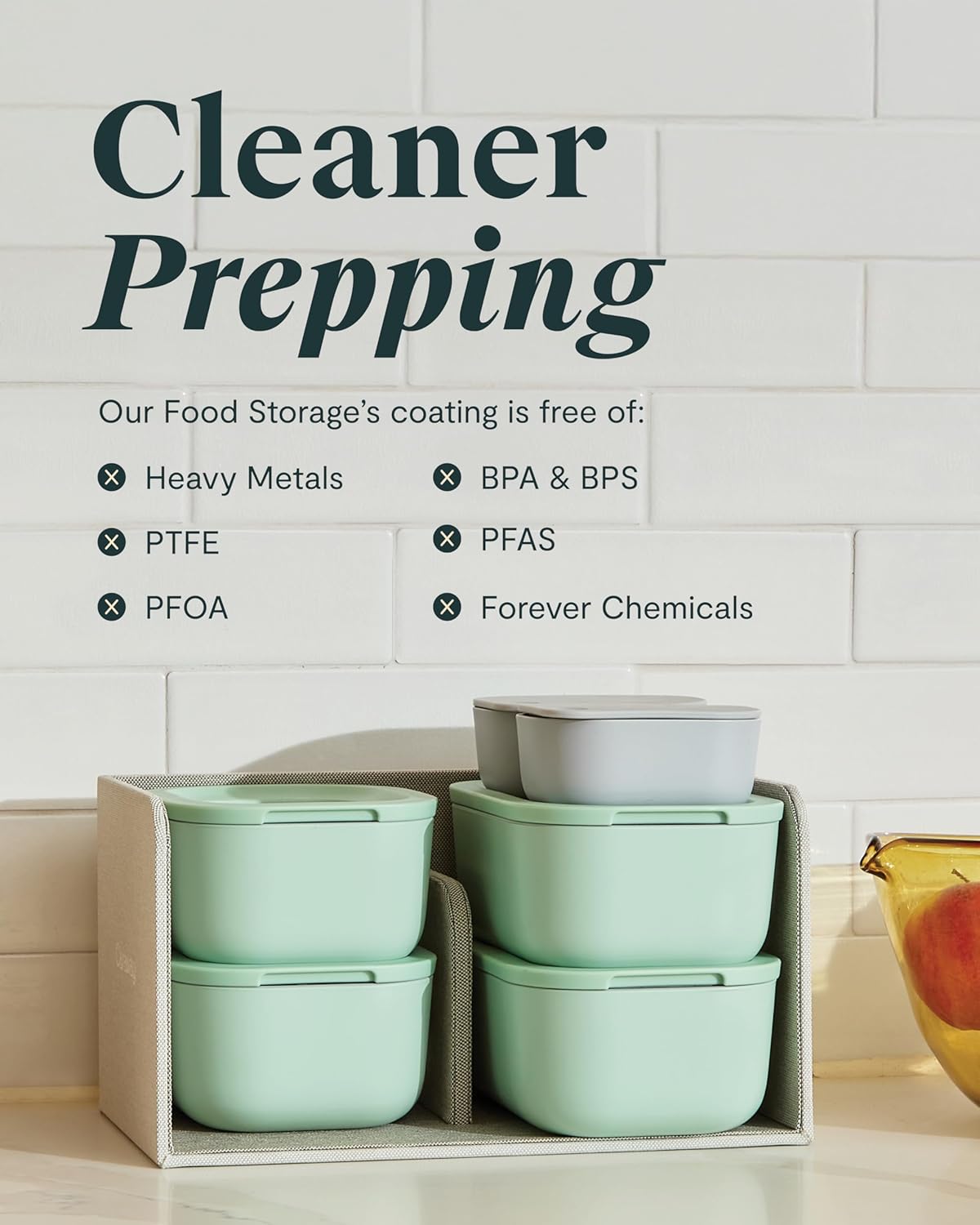 Caraway 6pc Glass Food Storage Set – 4.4 Cup Food Containers (6) - Ceramic Coated - Non Toxic, Non Stick with Lids - Microwave Safe - Mist