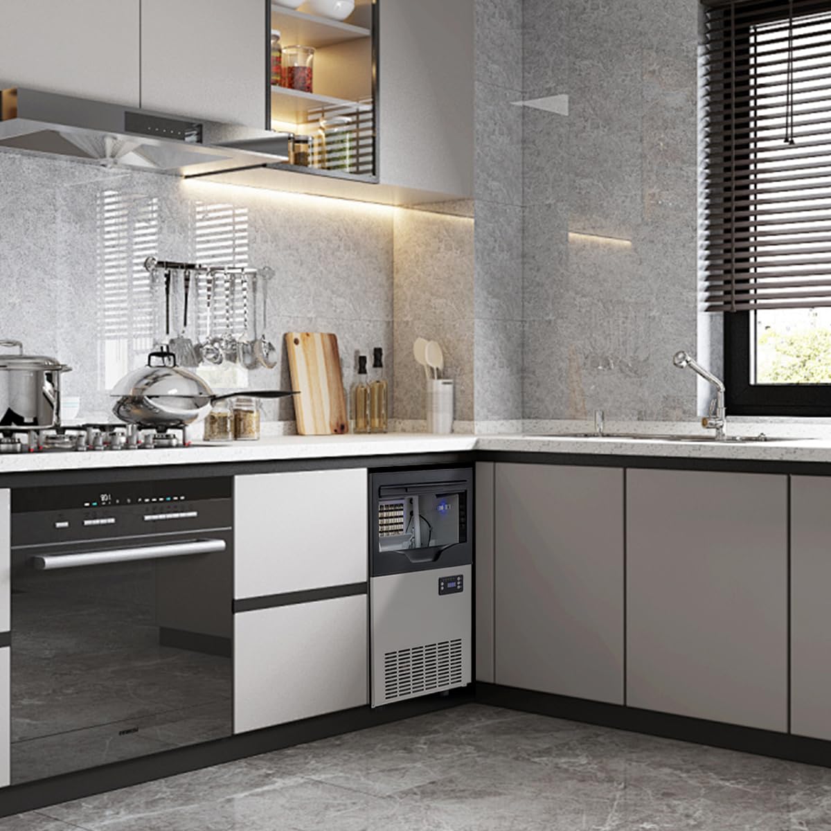 Commercial Ice Maker Machine, 100lbs/24H Stainless Steel Under Counter ice Machine with 22lbs Ice Storage Capacity, 6 Levels of Ice Thickness Adjustment, Ice Ready in 5-15 min