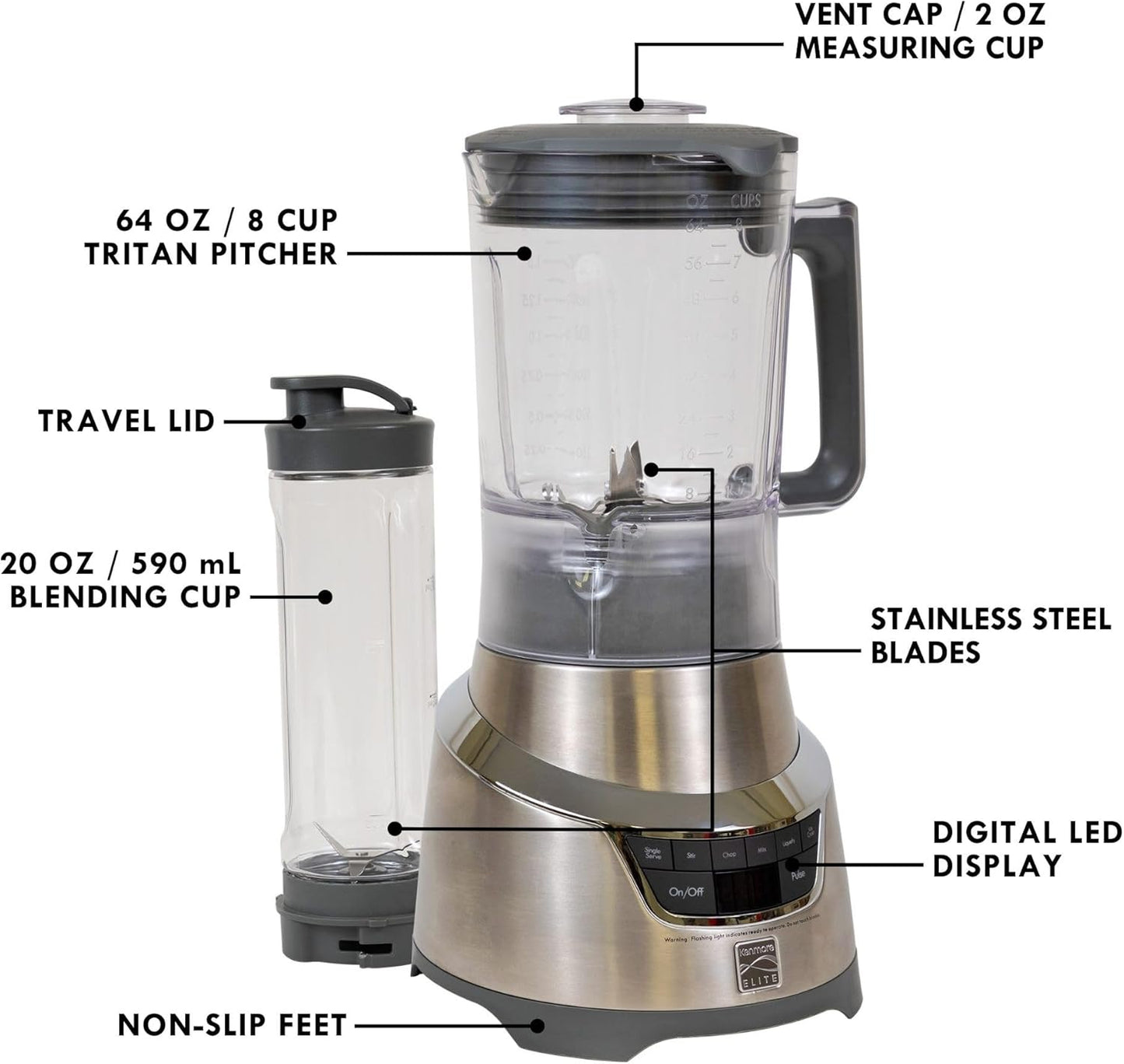 Kenmore Elite Countertop Blender - Electric Mixer, Frozen Smoothie, Shakes, Milkshake, Puree Maker, Licuadora Grinder Kitchen Appliance With Single-Serve Cup, Ice Crush, Pulse, Chop & Stir Function