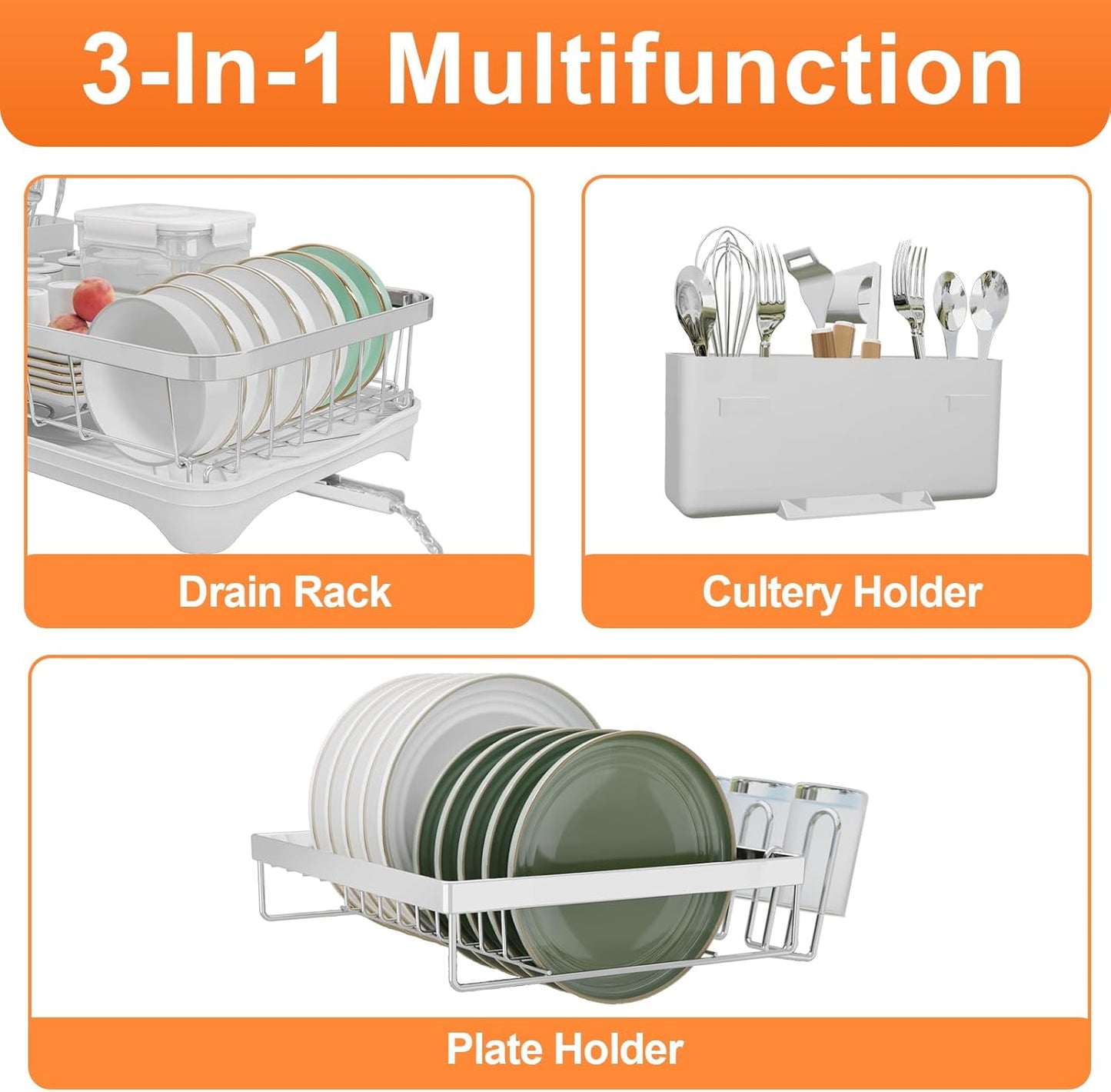 Dish Drying Rack - 304 Stainless Steel Dish Rack for Kitchen Counter, Adjustable Spout Auto-Draining Dish Rack, 2-Tier Kitchen Organizers and Storage Rack with Drainboard and Cutlery Holder White