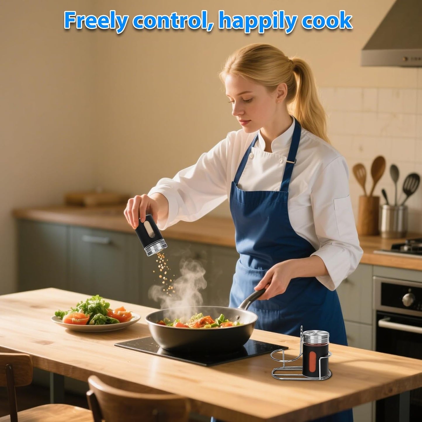 Glass Salt and Pepper Shaker Set with Seasoning Rack, Spice Rack, Adjustable Pour Hole Stainless Steel Lid, 2.8 oz, Spice Dispenser for Salt, Pepper, Spice Preservation (black)