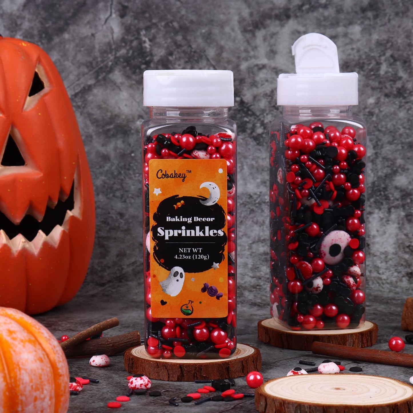 Halloween Sprinkles for Cake Decorating, Black & Red Pearl Sprinkles with Black Bats & Eyeball Candy, Perfect for Halloween Dessert Party 4.23 Ounce