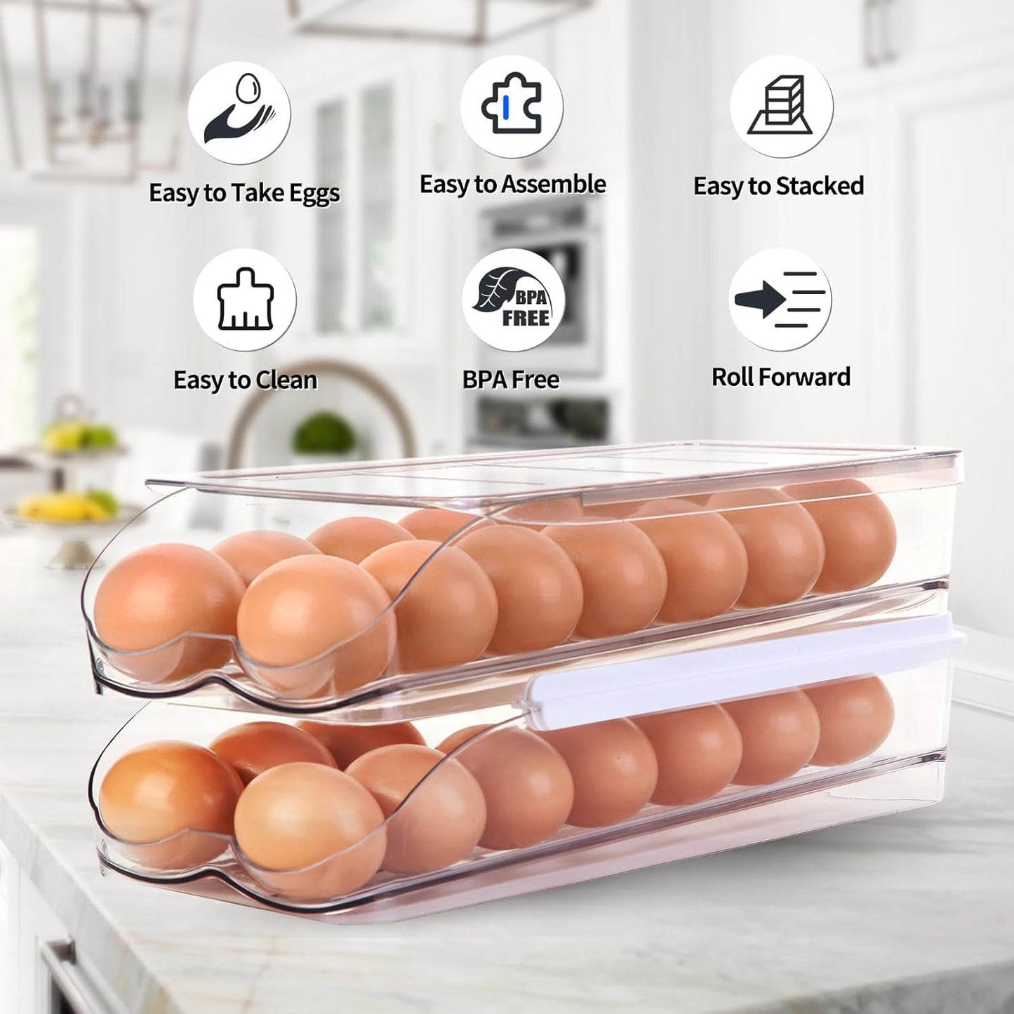 Egg Holder for Fridge, Automatically Rolling Egg Container for Refrigerator, Clear Plastic Fridge Organizers and Storage with Lid, Stackable Egg Dispenser & Tray (3 Tier)