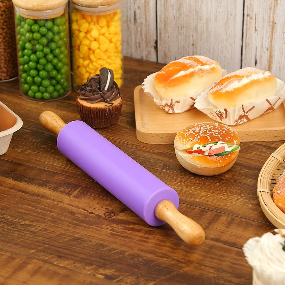 Koogel Rolling Pin for baking, 12 Inch Non-Stick Silicone Handle Rolling Pin for Kids Kitchen Activity
