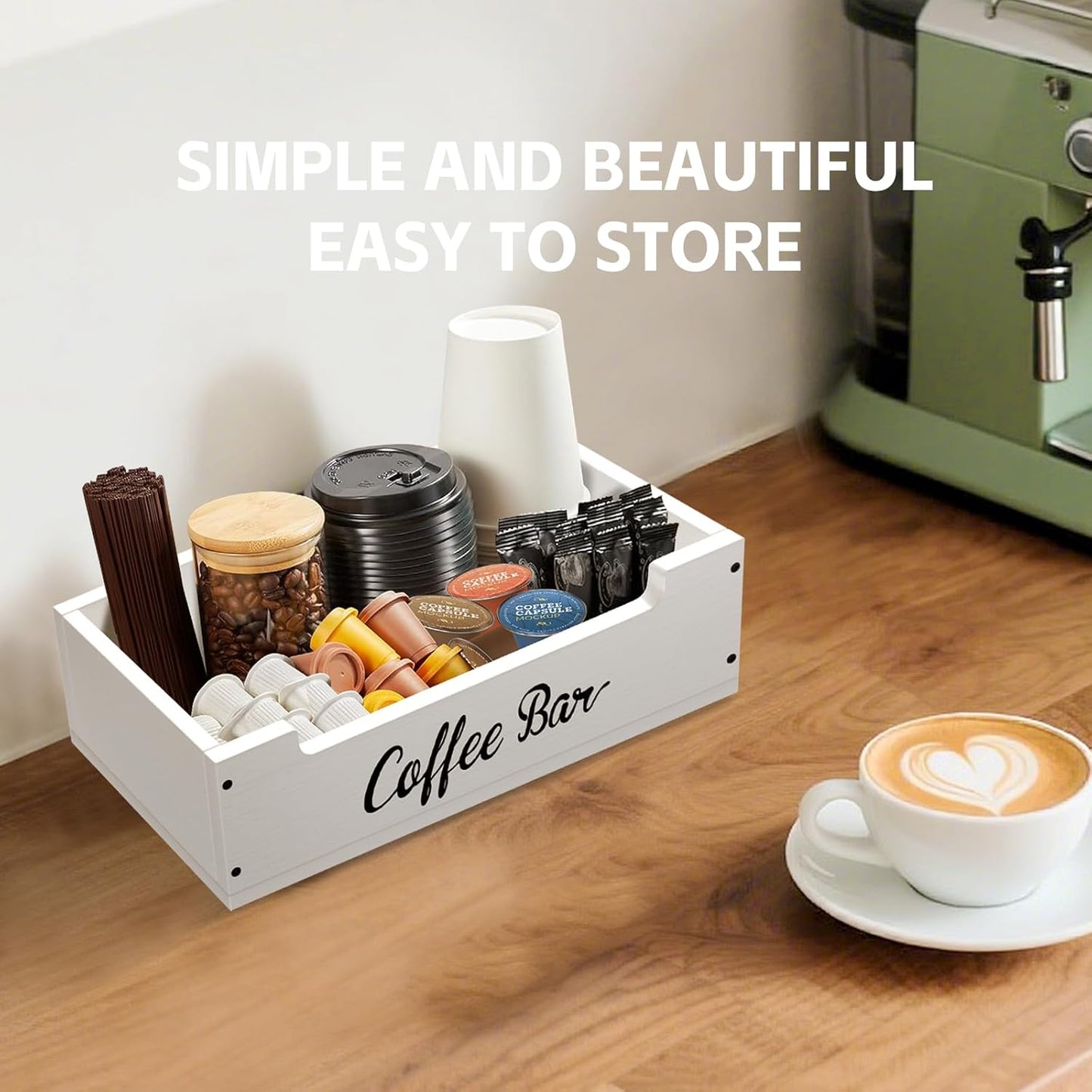 Coffee Pod Bar Station Wooden 13" X 7" X 4" Organizer Box for Countertop, Counter Top Tea Espresso Cup Wood Storage Box, White
