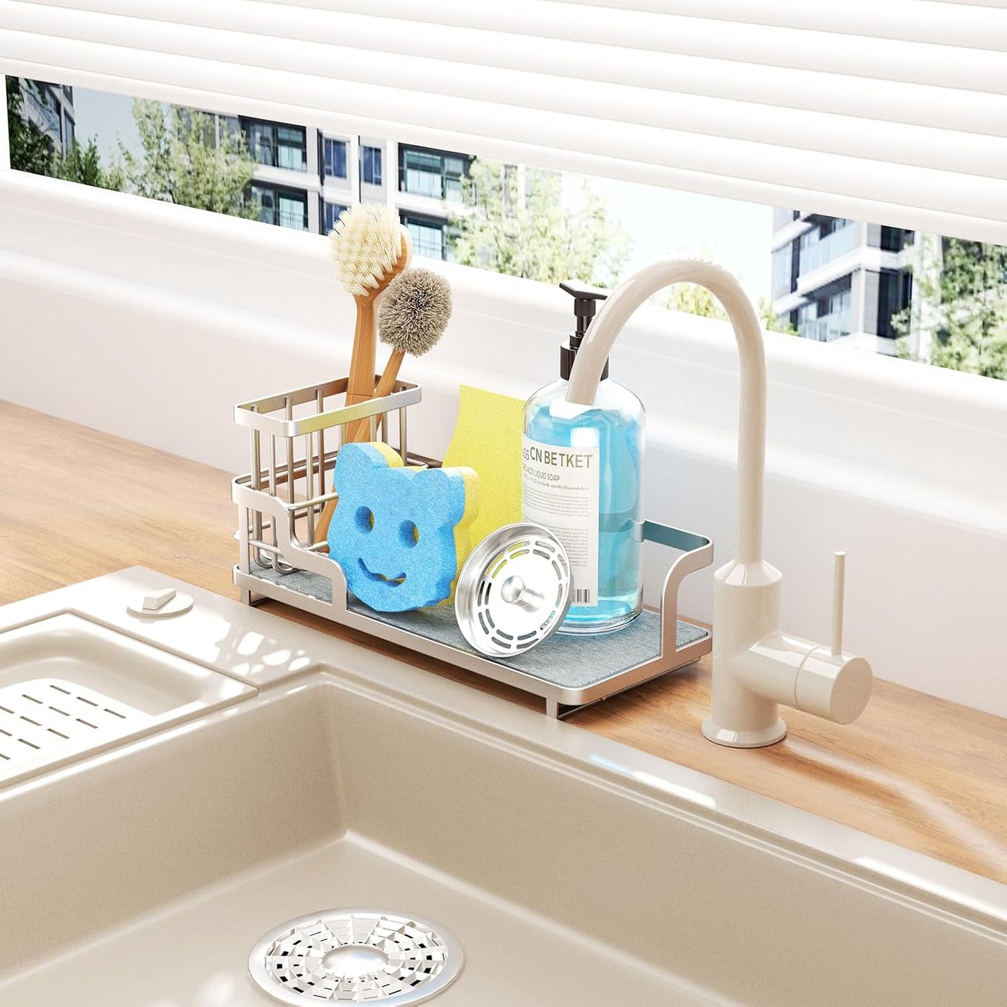 Consumest Sponge Holder for Kitchen Sink - Sink Caddy Organizer with Water Absorbing Stone Tray, Detachable Brush Holder, Stainless Steel Kitchen Counter Organizer Rack, Sand Nickel