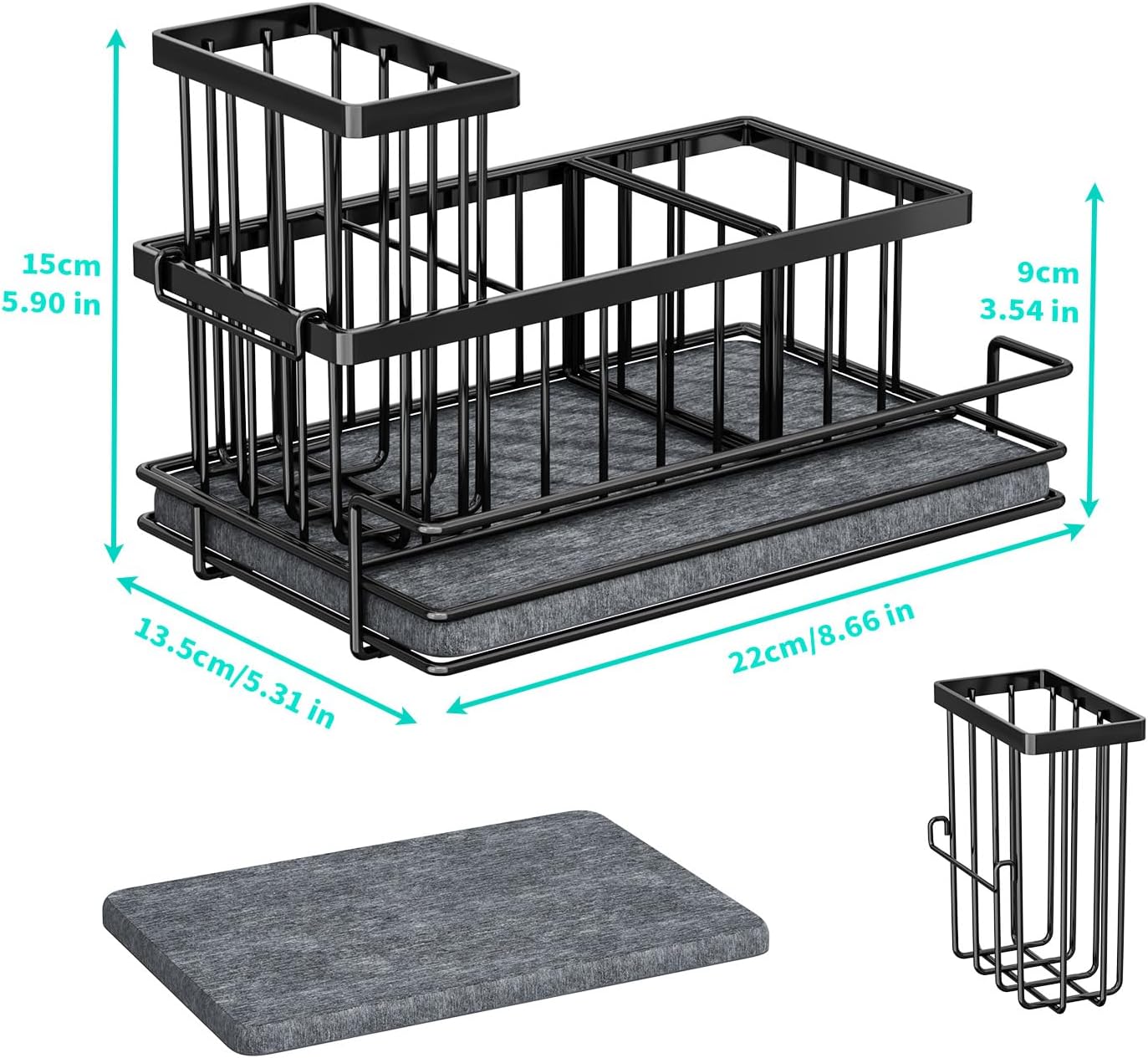 HapiRm Sink Caddy Sponge Holder - Kitchen Sink Organizer with Instant Drying Stone and Brush Holder, Stainless Steel Sponge Caddy for Kitchen Countertop - Black