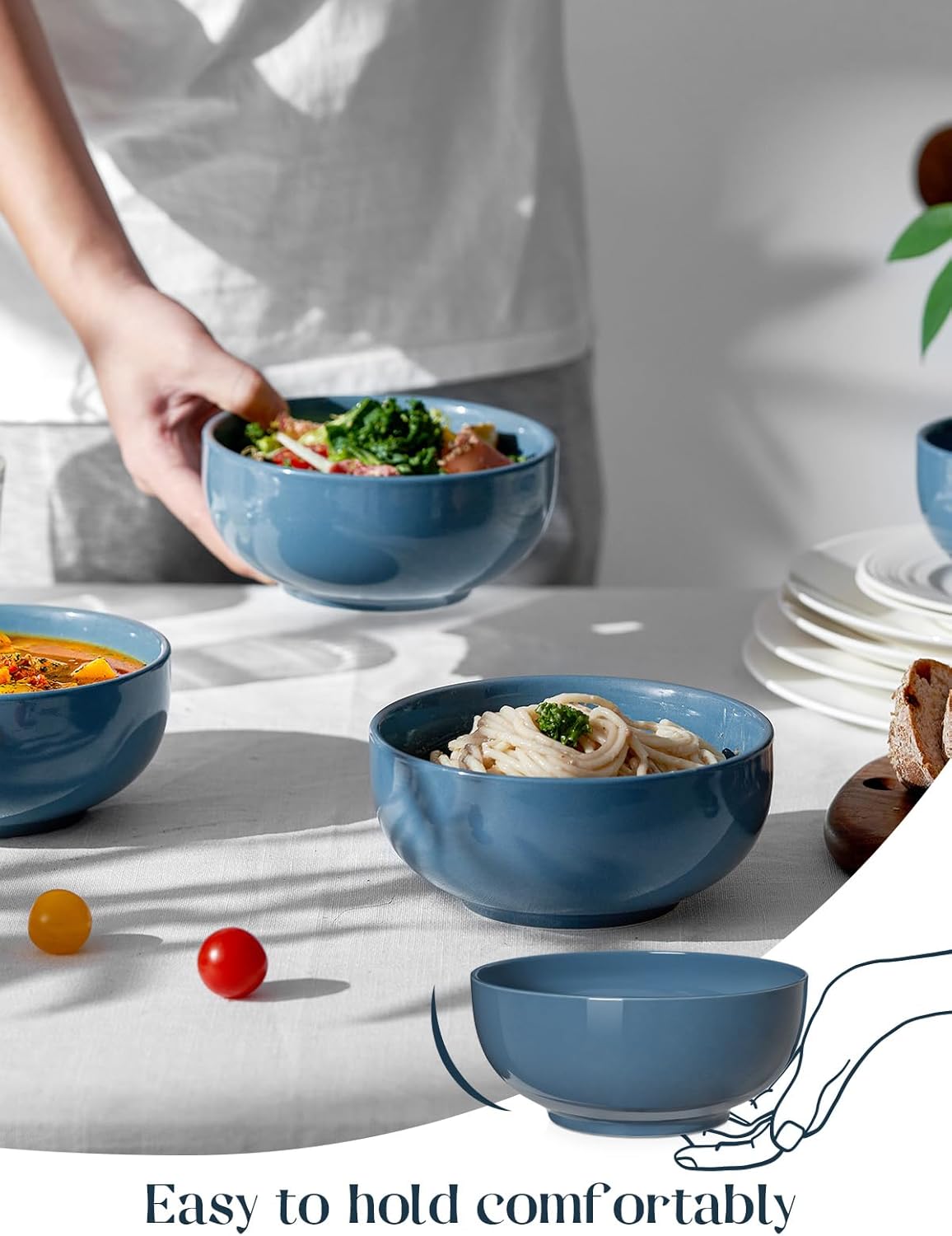 DOWAN 22 OZ Ceramic Soup Bowls & Cereal Bowls - 6" Classic Bowls Set of 4 for Soup, Cereal, Oatmeal, Fruit, Rice - Dishwasher & Microwave Safe (Airy Blue)