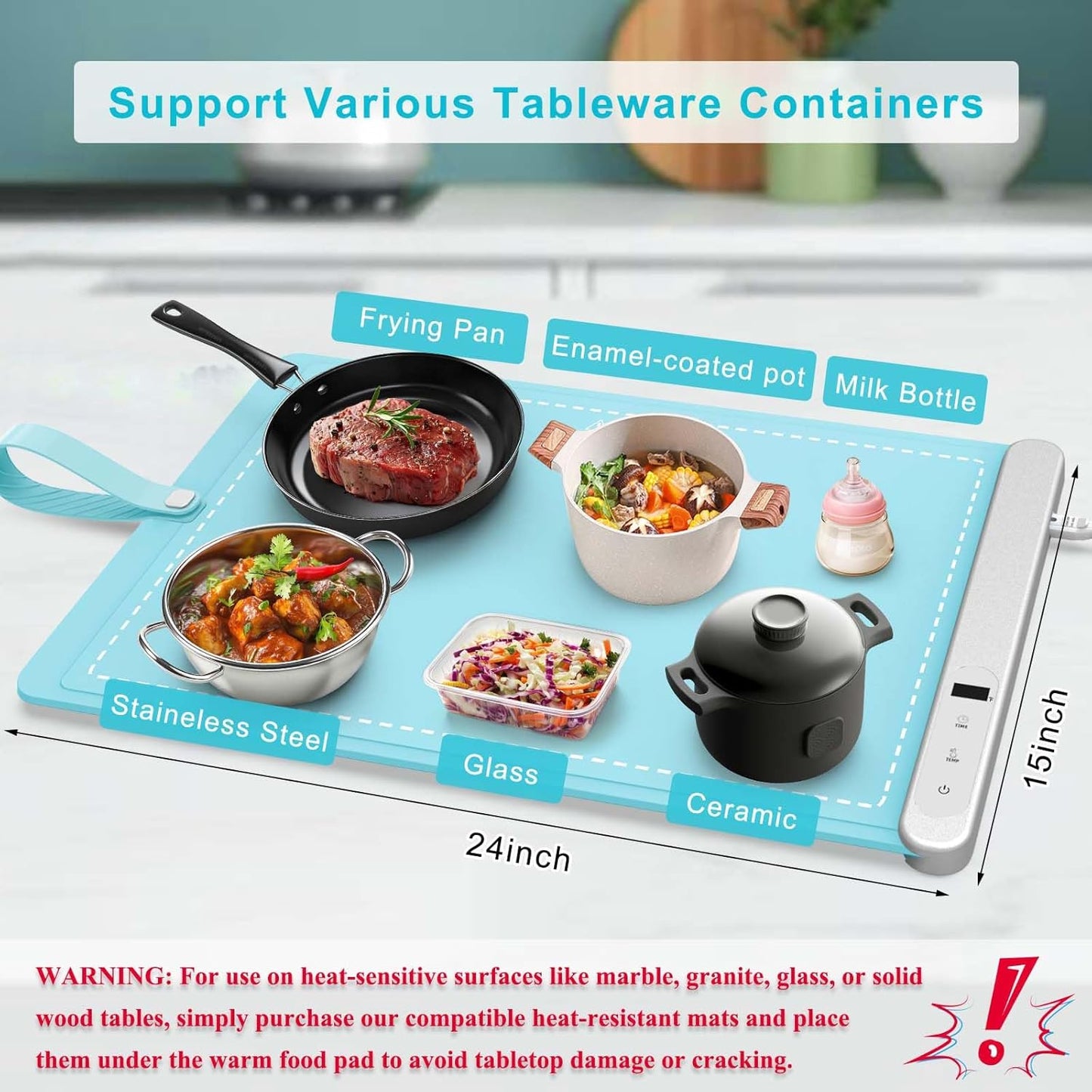 FYY Food Warming Mat - Electric Warming Tray with 6 Temperature Settings and 6 Hours Timer, Full Surface Graphene Heating Food Warmer, Premium Rollable Heating Tray for Gatherings, Parties, Light Blue