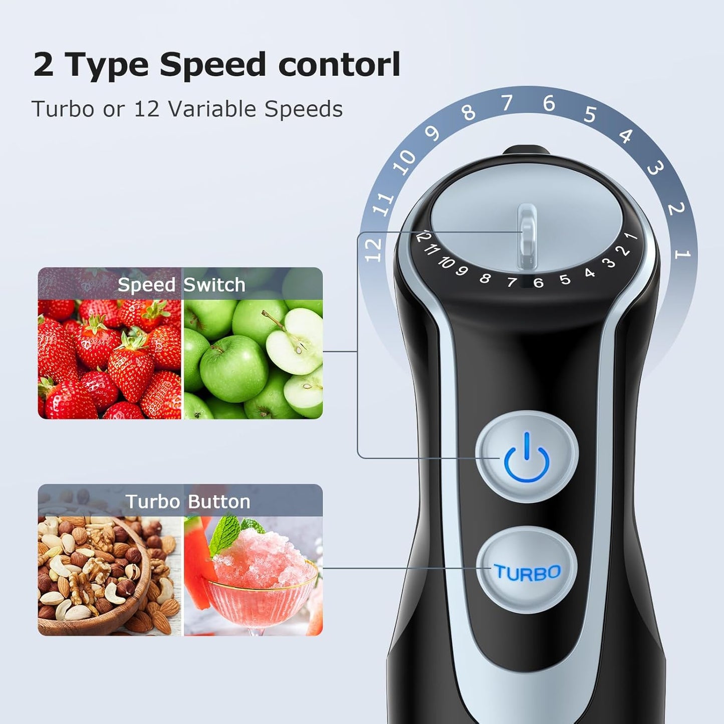 FRESKO Immersion Blender Handheld, 4-in-1 Stainless Steel Hand Electric Stick Mixer with 12-Speeds & Turbo Mode, Powerful 500W Emulsion Blender with Beaker, Chopper & Whisk