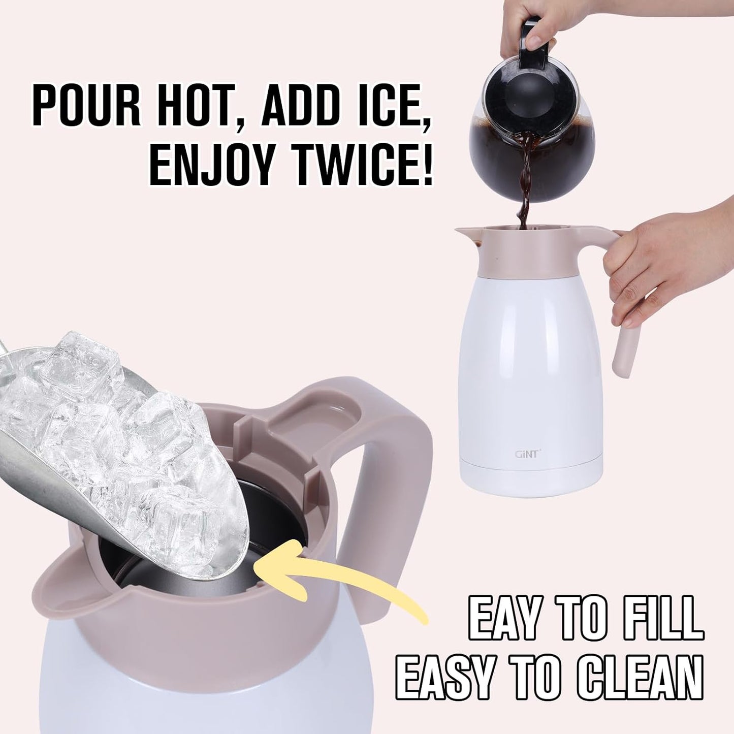 GiNT 50.7 Ounces Stainless Steel Thermal Coffee Carafe with Lid/Double Walled Vacuum Thermal Carafe / 12 Hour Heat Retention (White, 1.5L)