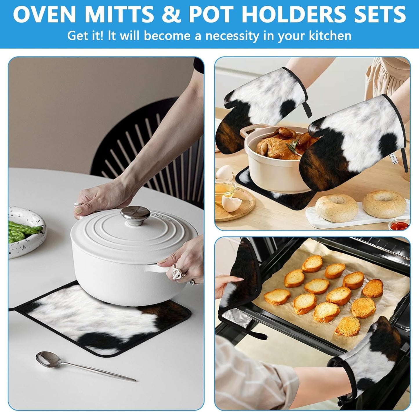 Brown Cowhide Oven Mitts and Pot Holders Sets Heat Resistant 4Pcs Potholders Oven Gloves Hot Pads for Kitchen Baking Cooking Grilling BBQ