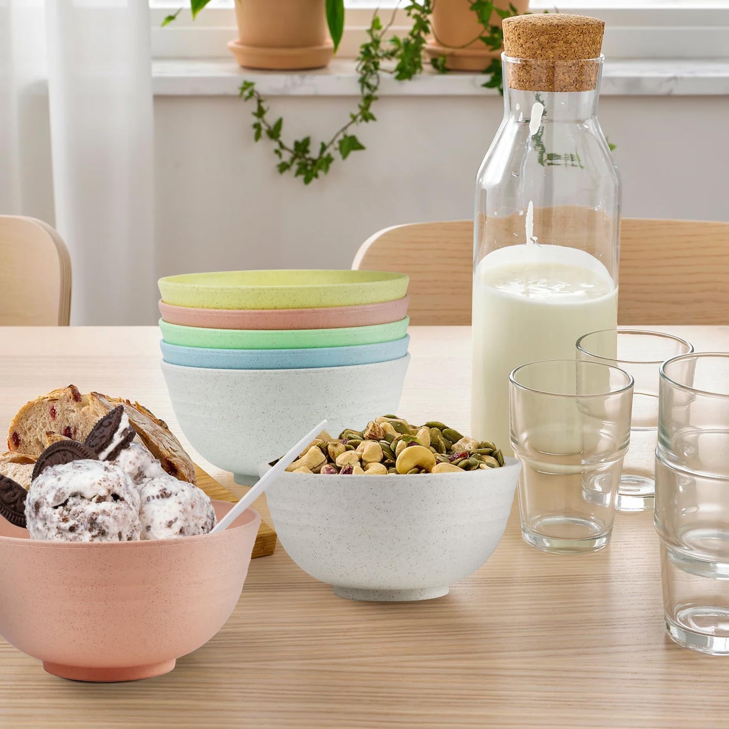 10oz Wheat Straw Bowls Set of 6, Unbreakable Ice Cream Bowl Sets for Kids, Snack Bowls Dishwasher and Microwave Safe