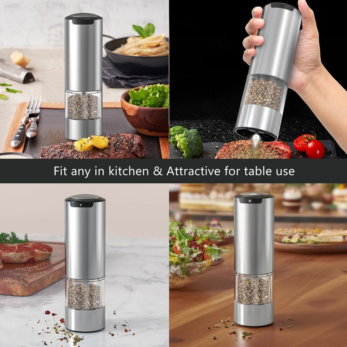 Electric Pepper Grinder, Rechargeable Automatic Pepper Mill Grinder with Led Light, One Hand Operation, Adjustable Coarseness, Stainless Steel, Refillable 70ml, Silver(1 Pack)