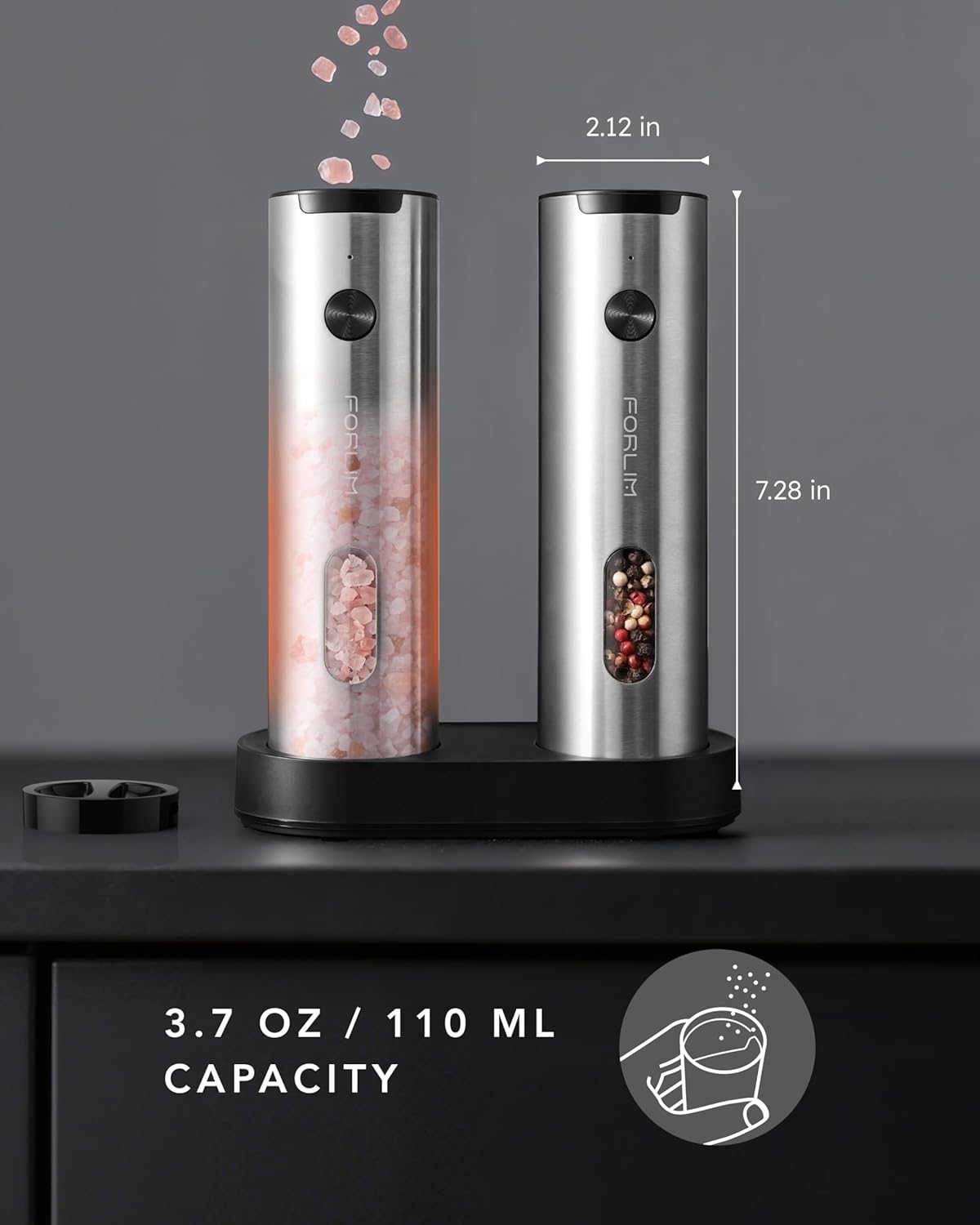 FORLIM Electric Salt and Pepper Grinder Set Rechargeable, Auto Salt and Pepper Grinder set with Charging Base, Adjustable Coarseness, LED Light, Automatic Salt Grinder Refillable,Pepper Shakers Set