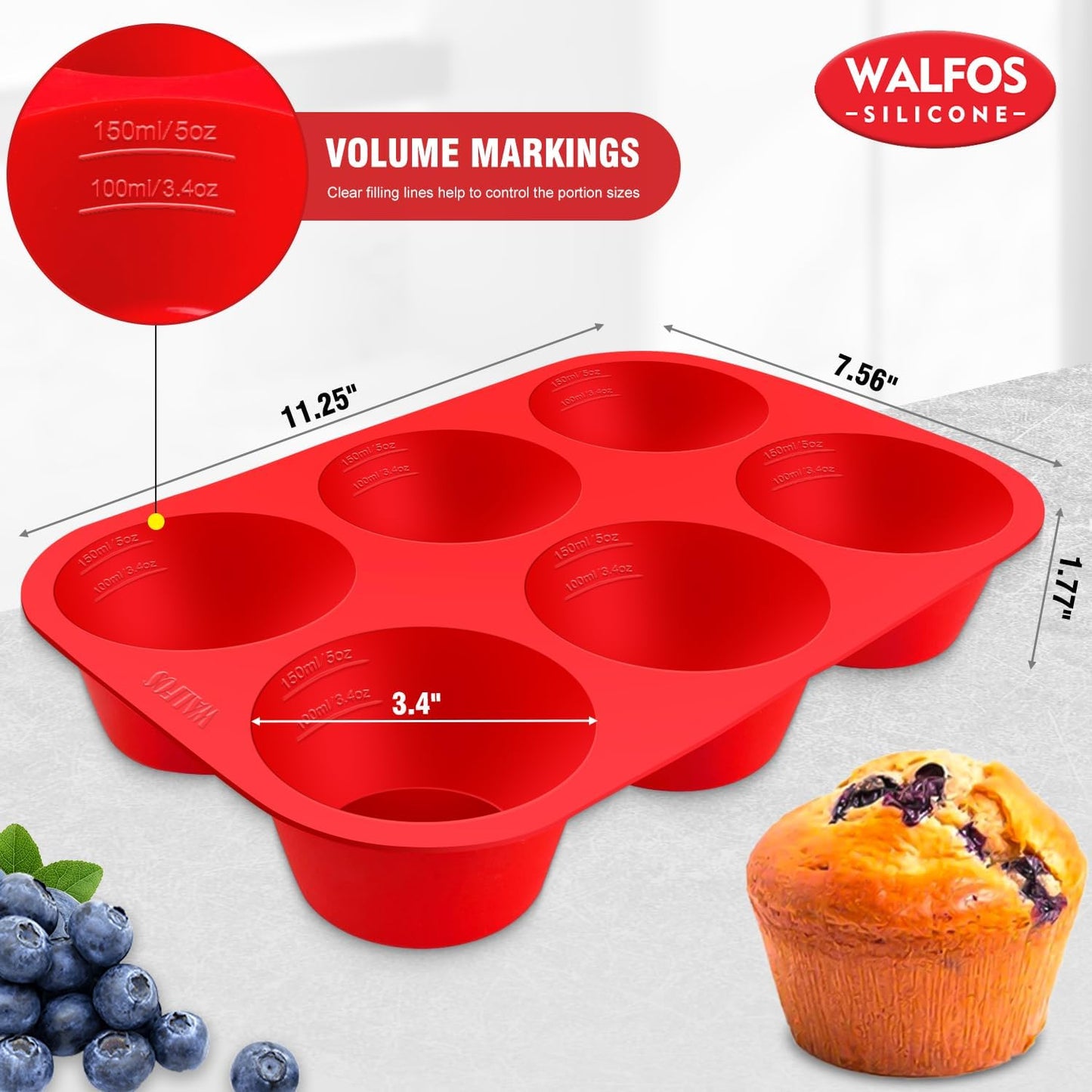 Walfos Silicone Texas Muffin Pan - 6 Cup Jumbo Silicone Cupcake Pan, Non-Stick, Just PoP Out! Perfect for Egg Muffin, Big Cupcake - BPA Free and Dishwasher Safe