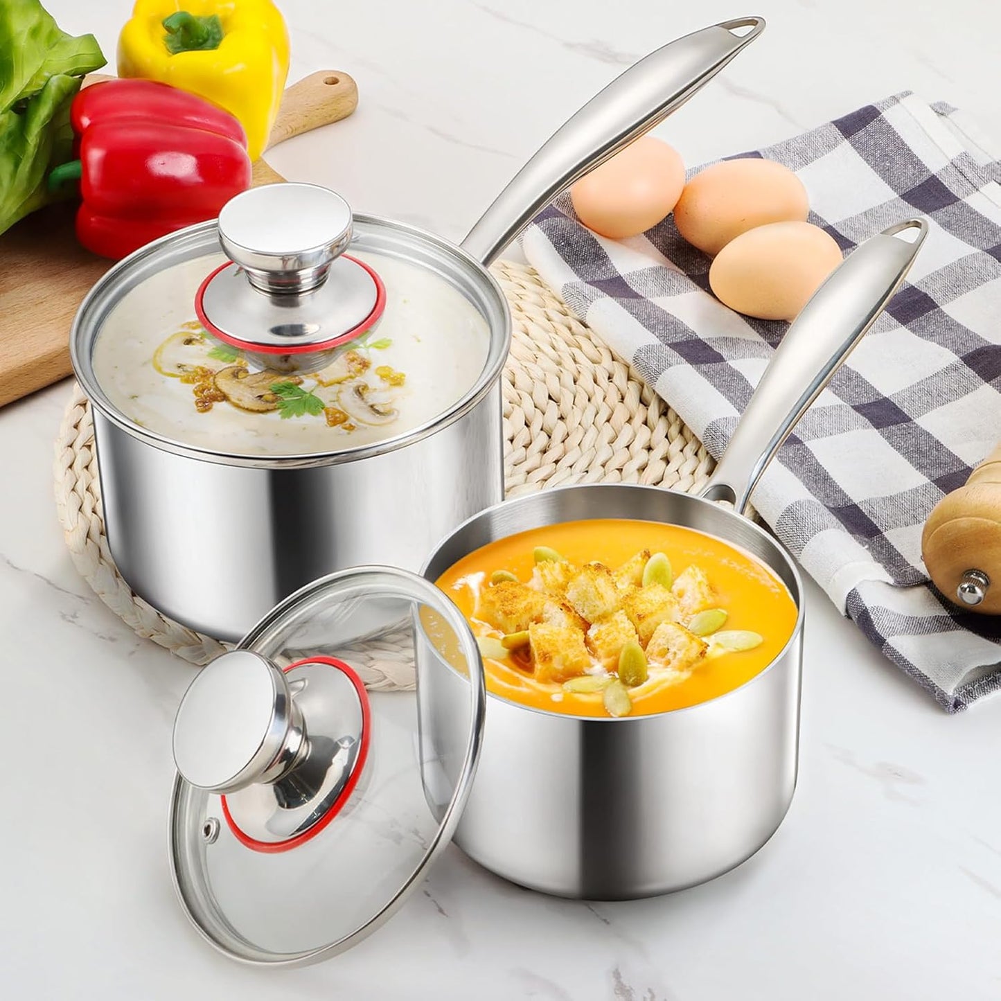 1/2/3QT Saucepan with Lid Set of 3, E-far 18/10 Stainless Steel Sauce Pan Pot Metal Triply Cookware for Kitchen Cooking Pasta Warming Milk Boiling Water, Induction Ready & Heavy Duty