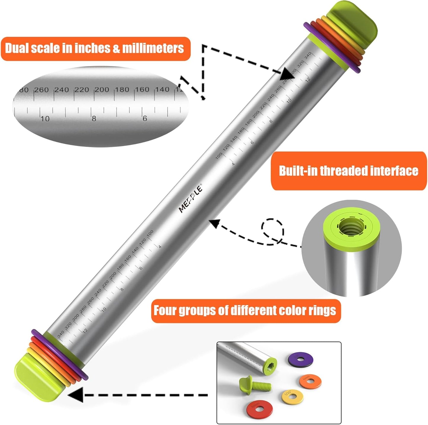 Stainless Steel Rolling Pin with Thickness Rings for Fondant, Pizza, Cookie, Pastry, Pie,Roller Rod for Dough Thickness,Rolling Pin for Baking, 13.6" with 4 Thickness Rings and Wooden Stand