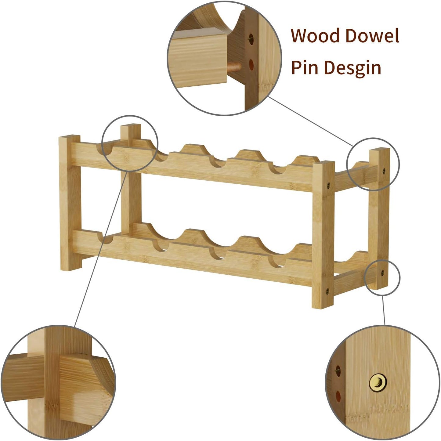 BAMEOS Wine Rack Freestanding 8 Bottle 2 Tier Bamboo Wine Racks Countertop Cabinet Wine Holder Wine Storage Shelf for Kitchen, Bar, Pantry, Wine Cellar, Basement, Countertop (16.85 L x 9.25W x 7H)