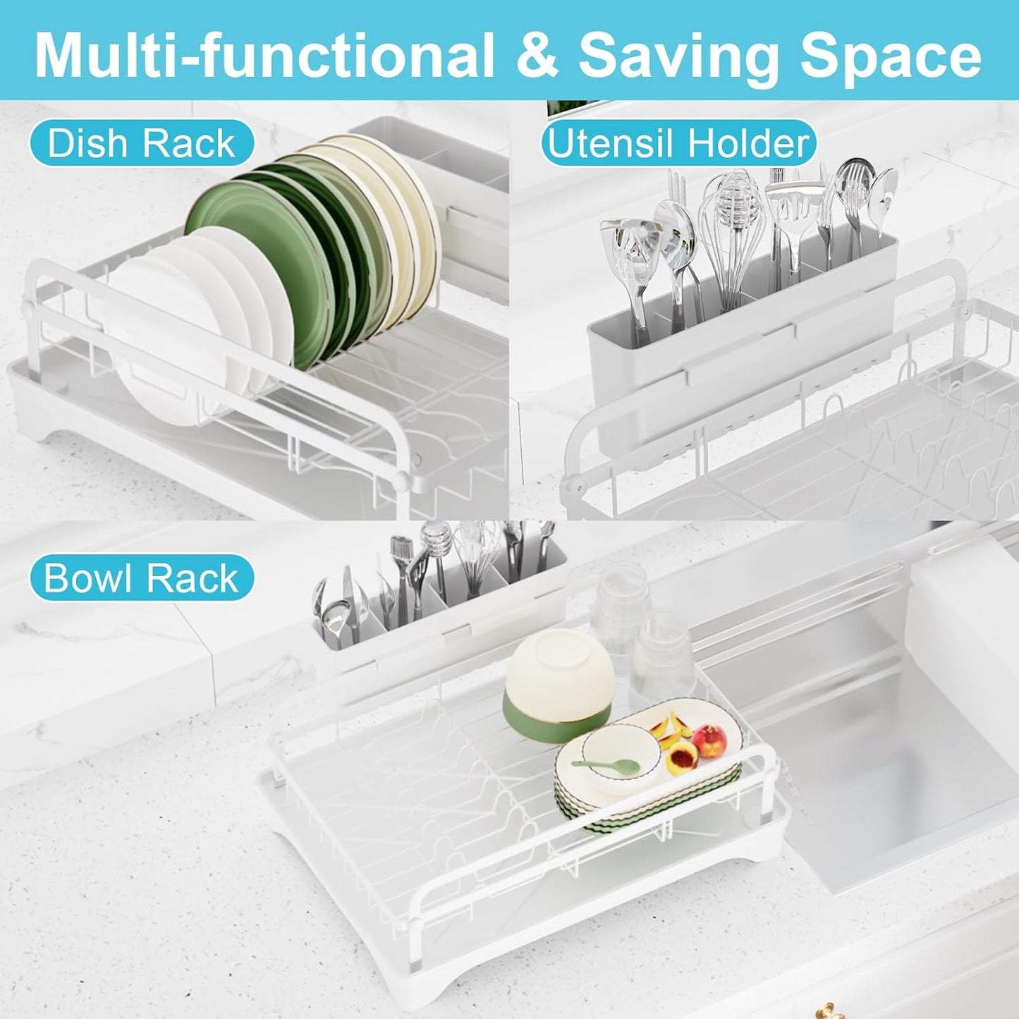 Dish Drying Rack for Kitchen Counter - Large Capacity Dish Drying Rack with Drainboard, Kitchen Sink Dish Rack, Countertop Dish Drainer Rack with Cutlery Holders Dish Dryer Rack White