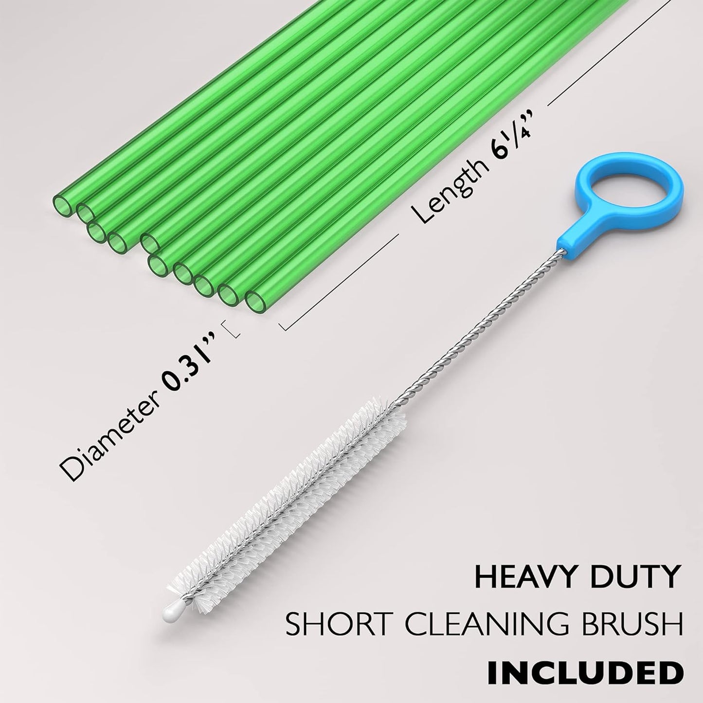 10 Short Reusable Hard Green Plastic Drinking Straws, Medium Width + Sturdy Cleaning Brush - for Cocktails, Small Cups, Kids Drinks - Dishwasher Safe BPA Free