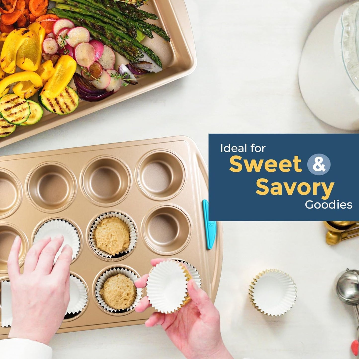 Perlli Baking Kit: Nonstick Gold Steel Oven Set - 10 Pieces, Cookie Sheets, Cake Pans, 9x13Pan with Lid, Loaf & Deep Pans, Pizza Crisper, Muffin Pan - Silicone Handles