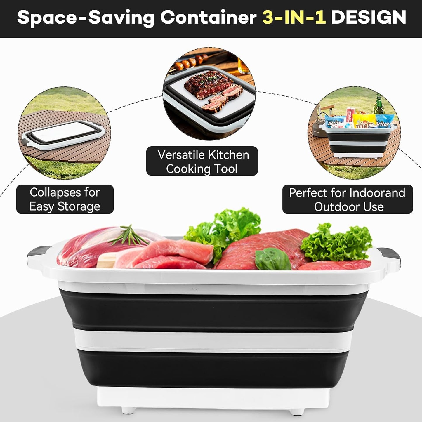 Collapsible BBQ Prep Tub with Cutting Board & Lid – 7.95 Gal / 30L Space-Saving Food Container – BPA-Free Heavy-Duty Plastic, Dishwasher Safe with Drain Hole – Offset Smoker, Backyard & Grilling