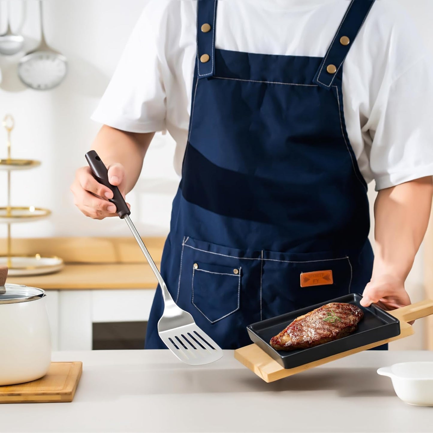 FJNATINH Cooking Utensils - Spatula, Ladle, Skimmer Spoon, Slotted Spatula - 4 Pieces Stainless Steel Wok Utensils Set for Carbon Steel