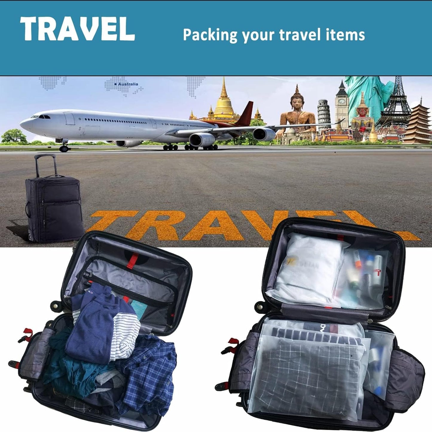 (20 pcs, 4 Sizes) Travel Luggage Organizer Bags, 4 Mil Slider Zip Plastic Clothing Packaging Bags, Travel/Home Storage and organizing pouches, Space Saver Bag (6''x9''-14‘’x18'')