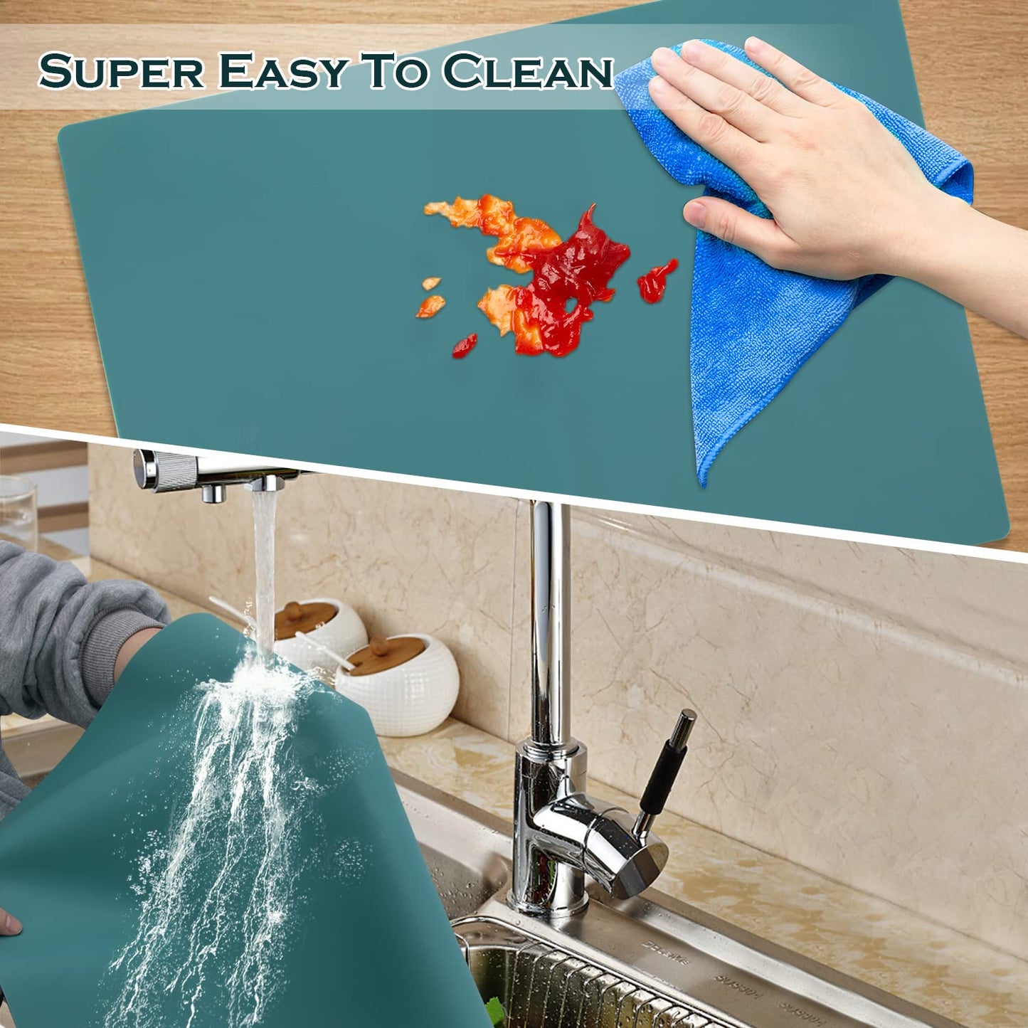 Extra Large Dark Green Countertop Mat - Silicone Table Kitchen Desk Mat - Non-Slip & Heat Resistant - Dinner Placemat Pastry Dough Rolling Mat