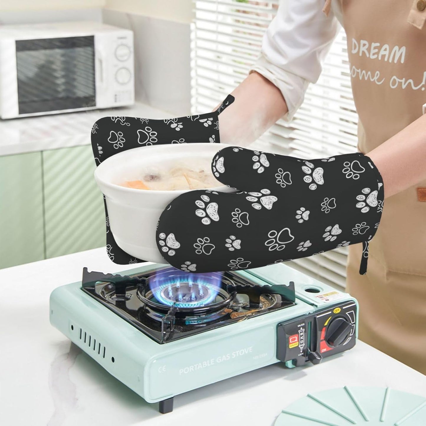 Dog Paw Print Oven Mitts and Pot Holders Set of 4 Silicone Black White Dog Paw Print Kitchen Mitten Gloves and Non-Slip Potholders Set Heat Resistant Oven Gloves Hot Holders for Kitchen