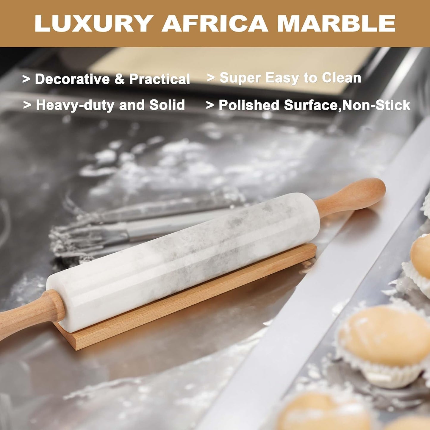 Koville African Natural Marble Rolling Pin, Non-Stick Polished Dough Roller, Pasta, Dumpling, Fondant, Pie Crust, Bread, Pizza Dough, Kitchen Baking Pastry Tools with Mat/Scraper(Namib Fantasy)