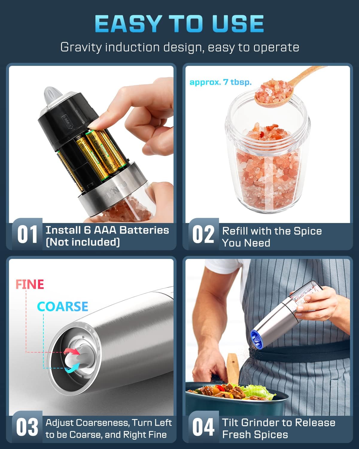 Gravity Electric Salt and Pepper Grinder Set, Automatic Mill Grinder,Battery-Operated with Adjustable Coarseness, Premium Stainless Steel with LED Light, One Hand Operated