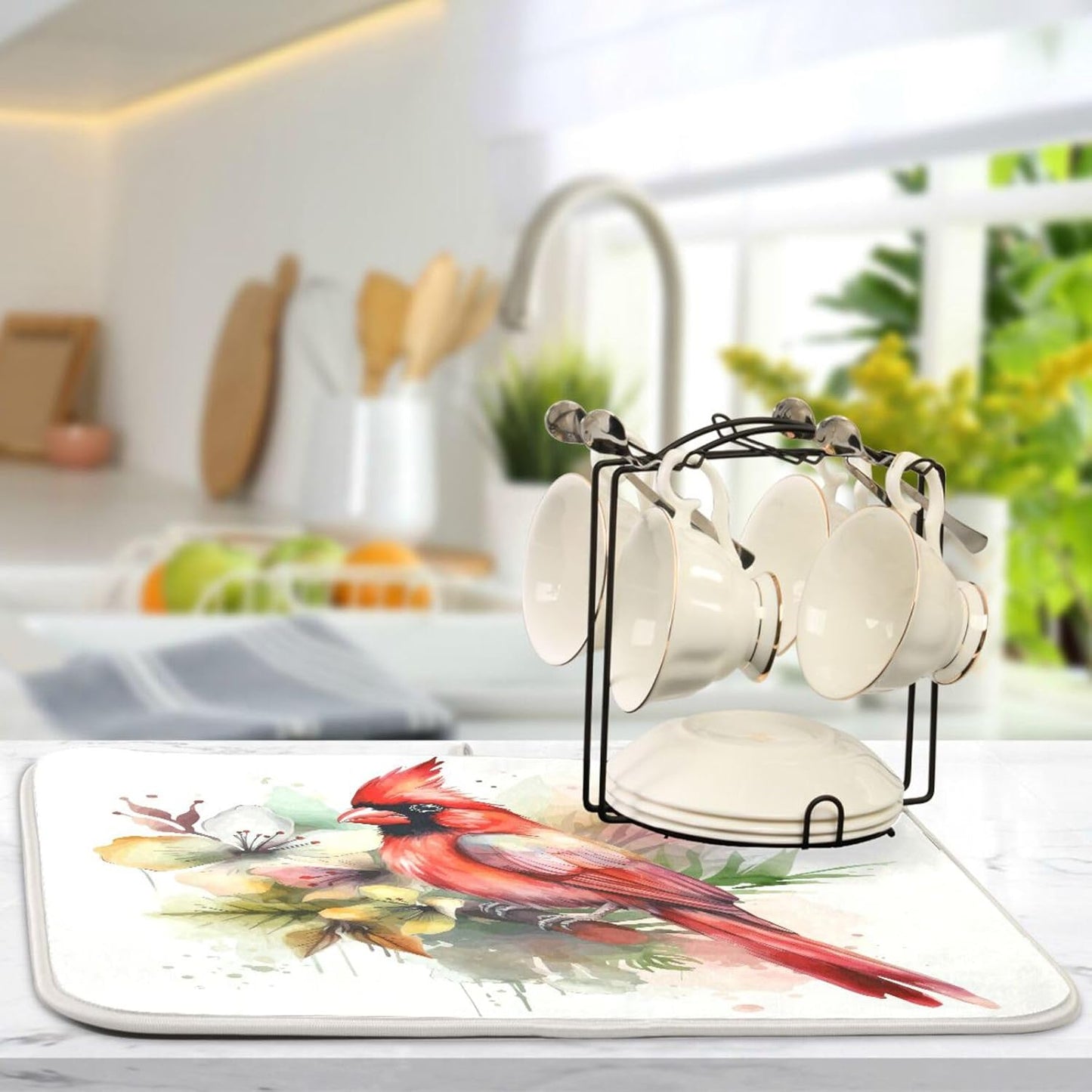 Cute Cardinal Christmas Dish Drying Mat for Kitchen Counter Absorbent Microfiber Drying Pad, Medium 16x18 in, Reversible Drainer Mats