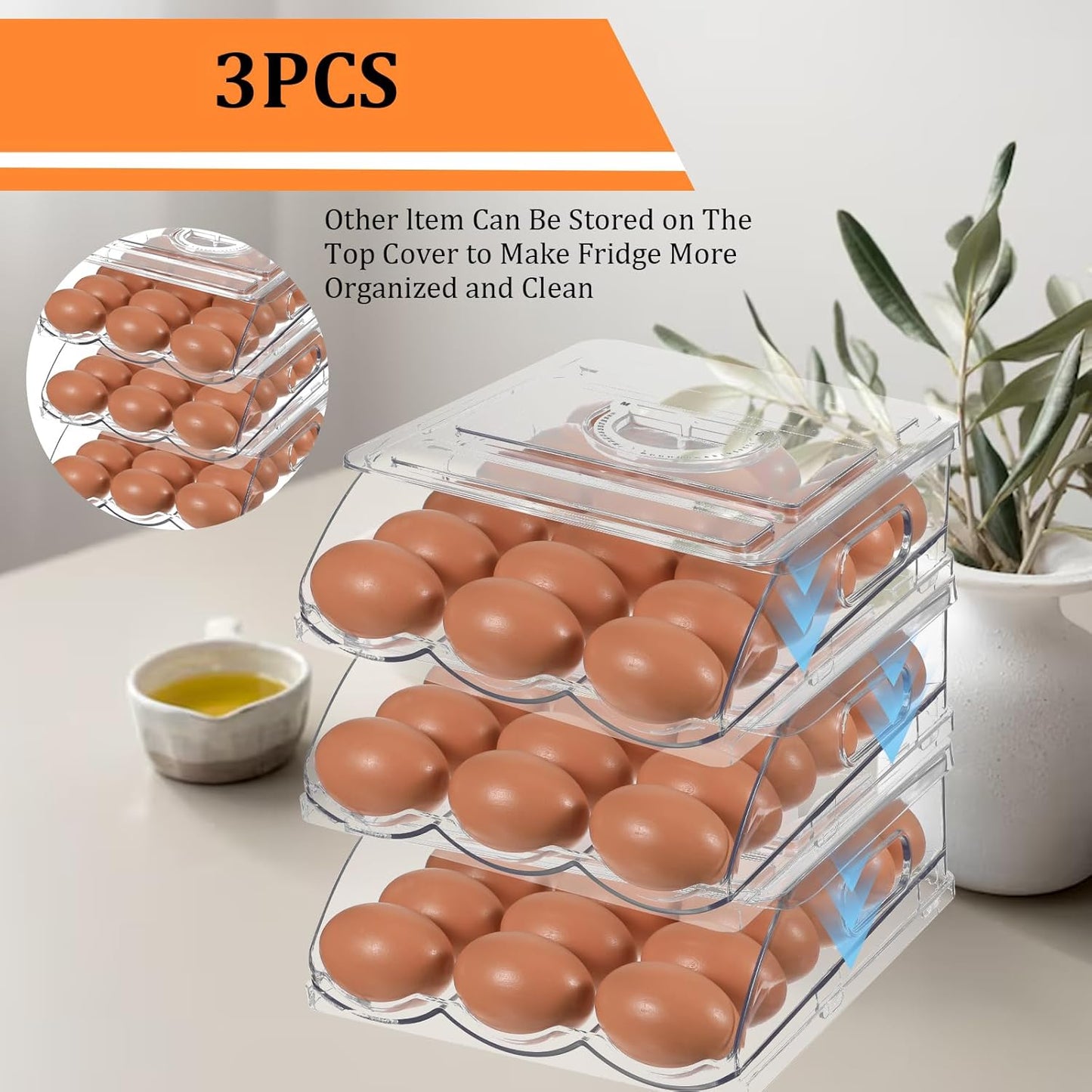 Egg Holder for Fridge Rolling Egg Container 54 Large Capacity Eggs Holder Eggs Storage Container Organizer with Lid for Refrigerator and Kitchen (3 Layer)