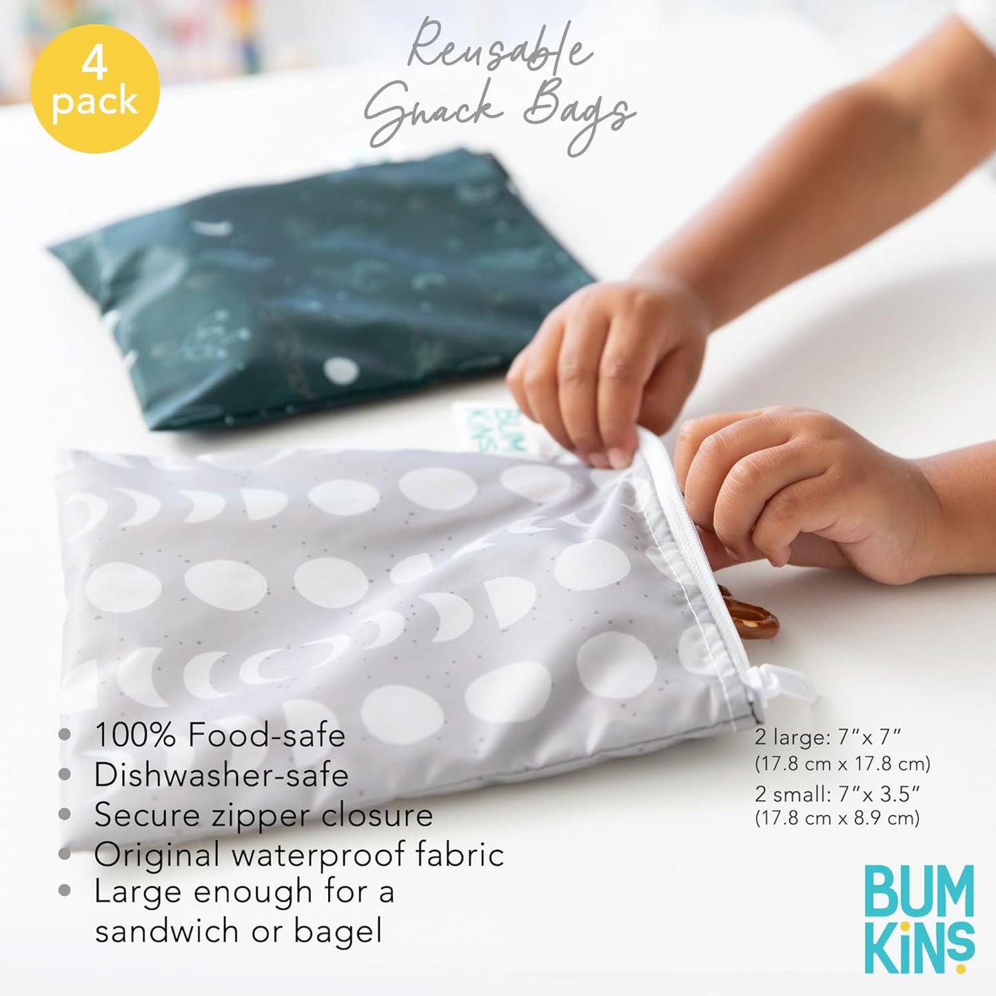 Bumkins - Cloth Snack & Sandwich Bags -For Storage, Travel, Food Prep, Lunch -Reusable, Water Resistant, Washable, Dishwasher Safe -Snack Bags for Kids -Zipper Closure -Desert Dk. Green & Gray -4 Pack
