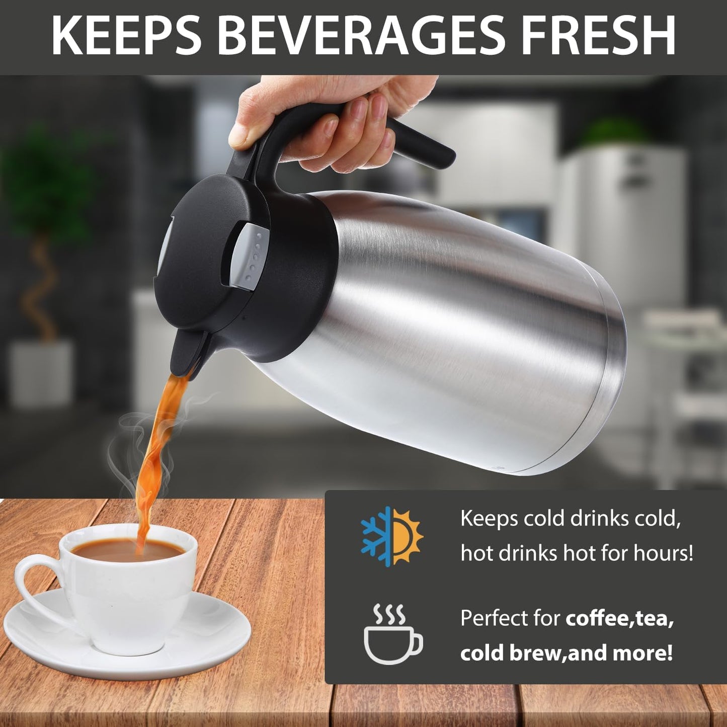Heritage66 Thermal Coffee Carafe Dispenser, Triple Wall Stainless Steel, Vacuum Insulated, 34 oz/1 Liter, Keeps Hot 12 Hours (2 Liter / 68 Oz)