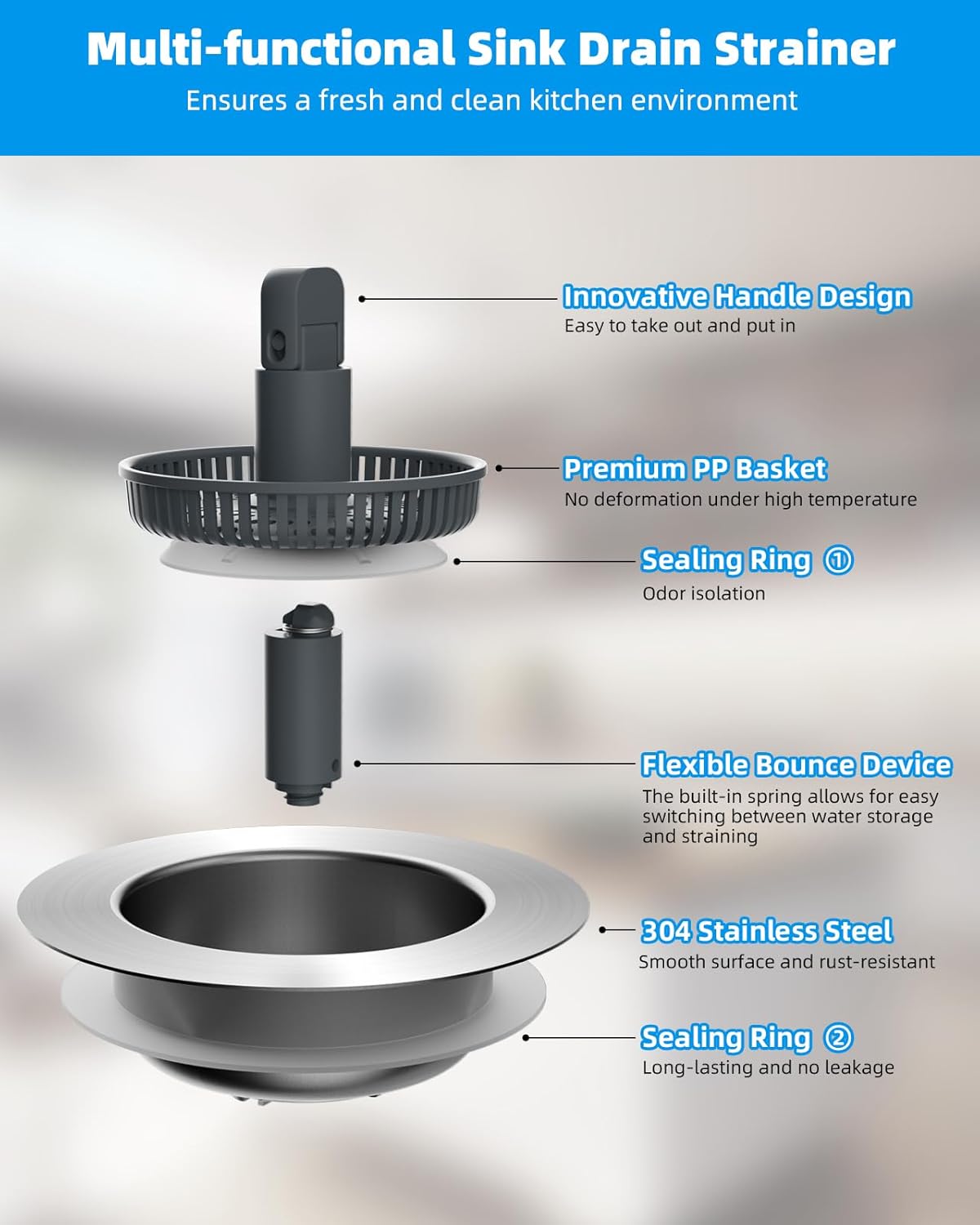 Hibbent Upgraded 2 Pack 3 in 1 Kitchen Sink Drain Strainer and Stopper Combo, Stainless Steel Metal Pop Up Sink Stopper, Anti-Clogging Basket with Foldable Handle for US Standard 3-1/2 Inch Drain