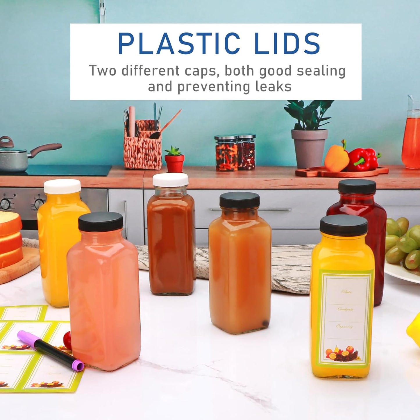 Brajttt Glass Juice Bottles with Lids, 12 OZ Juicing Bottles Reusable Glass, Set of 12 Square Beverage Containers Drinking Jars for Milk,Juice,Tea,Milkshake, Water,Honey,Jam