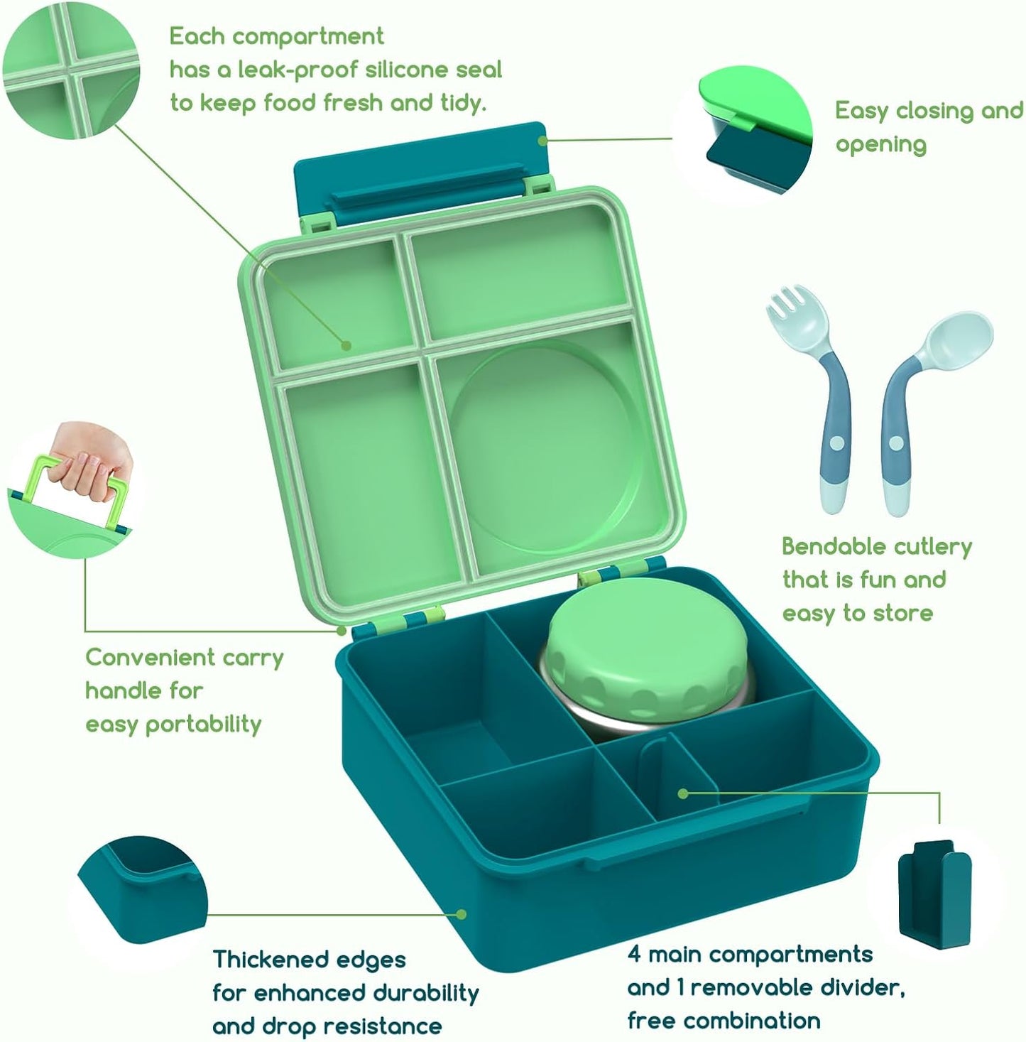 Bento Box for Kids - Leak-Proof Lunch Box with Insulated Thermos Food Jar - 4 Compartments, 1 Removable Divider, 1Spoon, 1 Fork - Dishwasher Safe, BPA-Free (Green)