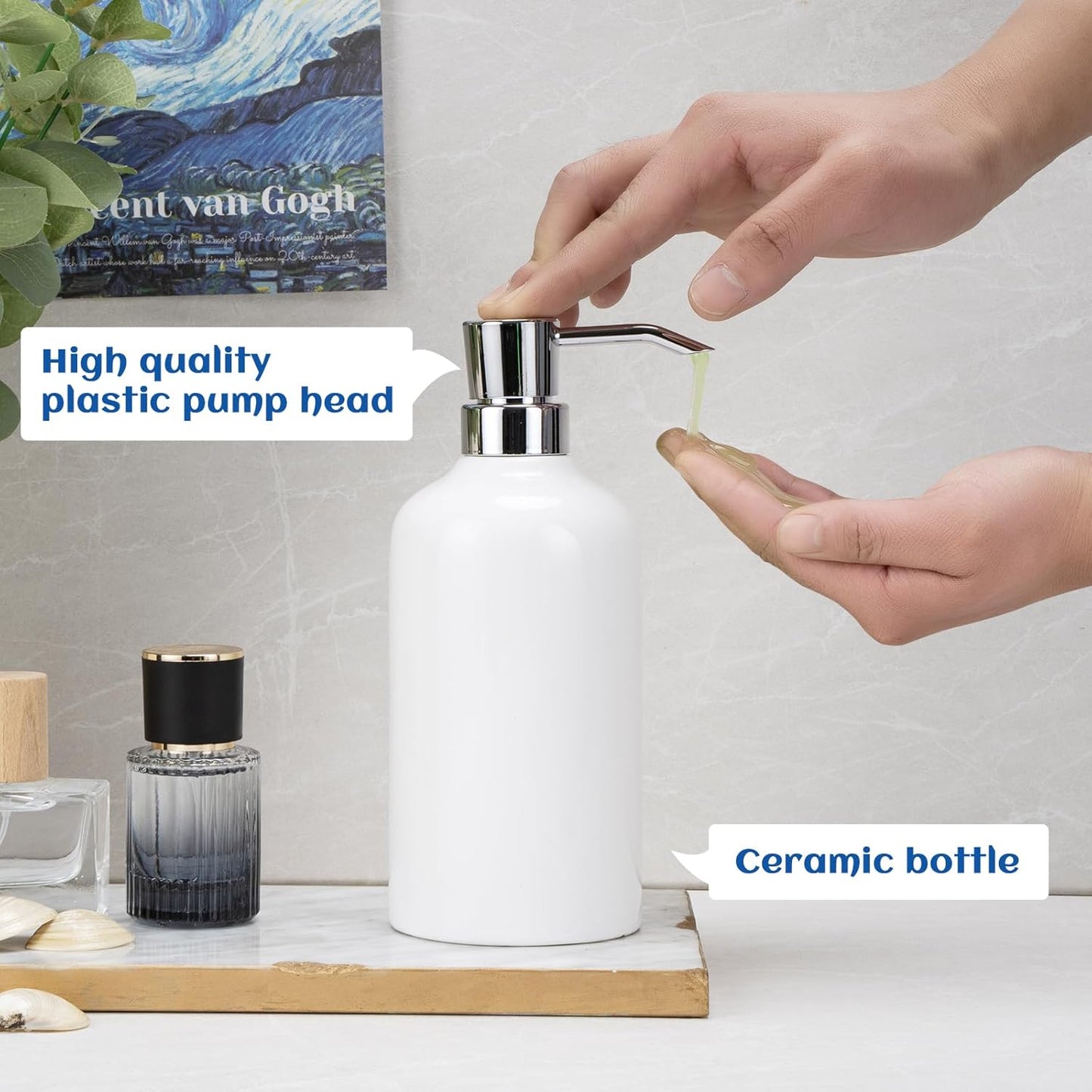 Ceramic White Soap Dispenser Bathroom, 2 Pcs 16.9oz Hand Soap Dispenser for Kitchen, Hotel