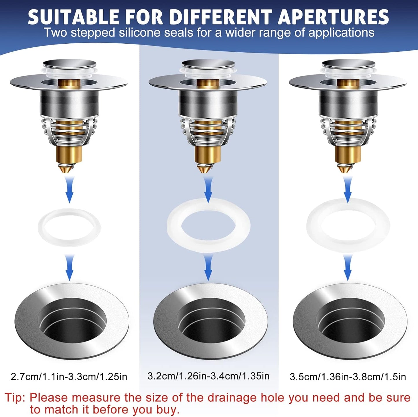 AURUZA 2 Pack Universal Bathroom Sink Stopper, Strainer for 1.1-1.5 Inch Bullet Core Push Type Basin Pop Up Drain Filter,Bathtub Converter with Anti Clogging Basket Hair Catcher