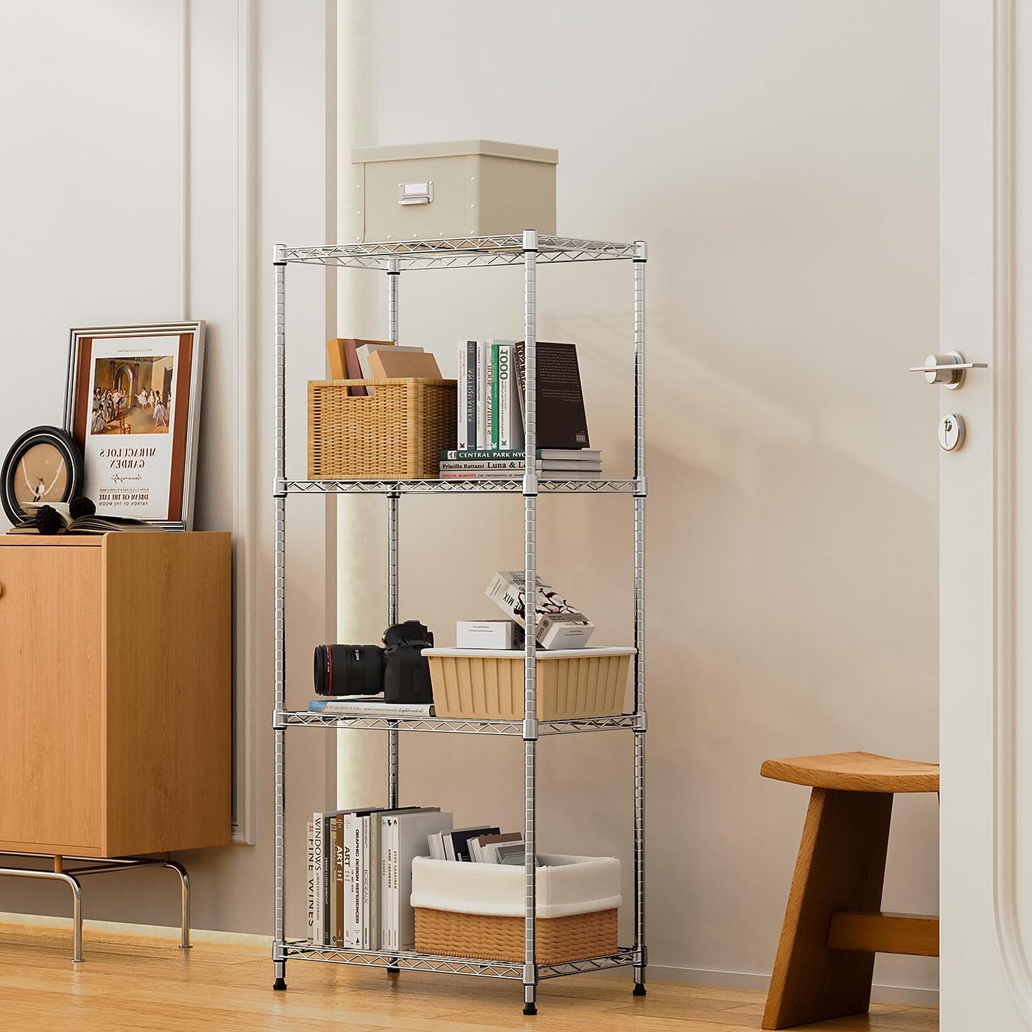 1000 lbs 4Tier Shelf Metal Storage Shelves Wire Rack Closet Organizers with Wheel for Garage Kitchen Bathroom Laundry Chrome 13.7" D x 23.6" W x 53.4" H